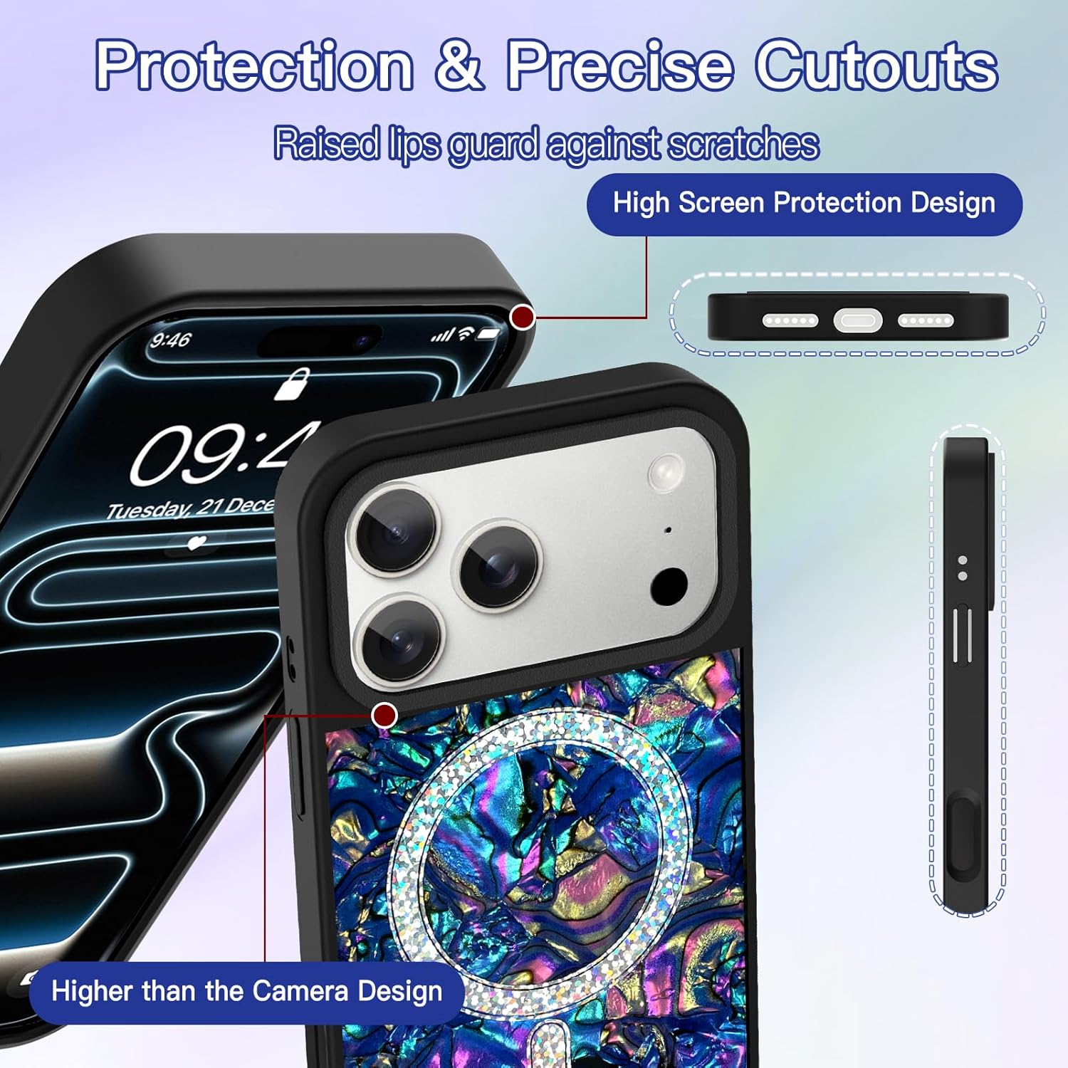 ZIYE for iPhone 17 Pro Max Case [Compatible with MagSafe] Abalone Design with Shiny Pearl Glitter Back,Magnetic Sparkle Design,Iridescent Protective Cover for Women Girls Men Blue