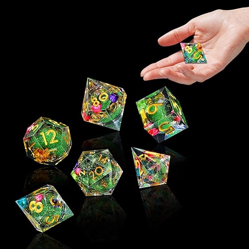 Miniatura 6 de AUSTOR Juego de dados DND de resina de núcleo líquido, dados poliédricos de borde afilado, 7 troqueles, juego de dados DND de arena movediza hechos