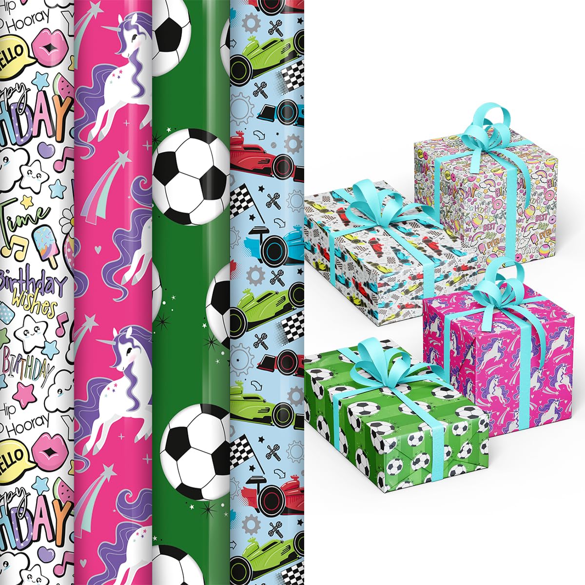 ZOPPER 4 x 3M Kids Happy Birthday Wrapping Paper roll Cute Character Perfect for Festival, Party, Birthday and Festive Decoration Ideal for Any Special Occasion