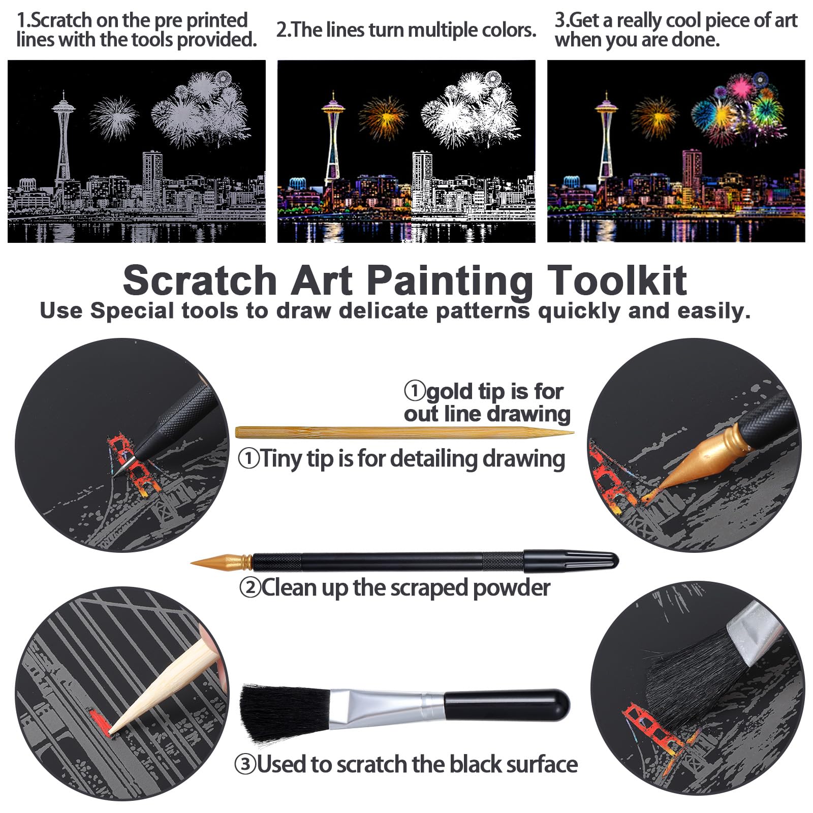 4 Stück Kratzkunst für Erwachsene Kratzbilder Set Scratch Paper Regenbogen Painting Nachtszene Landschaft Kratzpapier A4 Kratzmalerei Kassette Kratzmalwerkzeug Kreatives DIY Kunsthandwerk Kratzbild