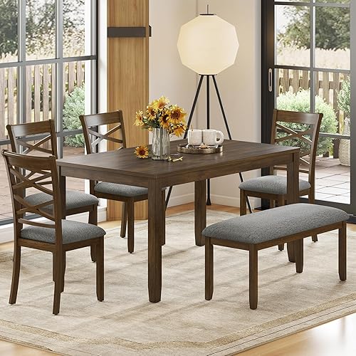 Miniatura 13 de Juego de mesa de comedor de madera maciza de 6 piezas, incluye 1 mesa de comedor, 4 sillas tapizadas y 1 banco, juego de mesa de comedor con patas