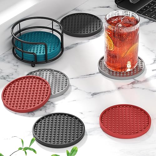 Miniatura 5 de HFHOME Posavasos para bebidas, juego de 6 posavasos de silicona con soporte, posavasos para bebidas para mesa de café, posavasos de escritorio para