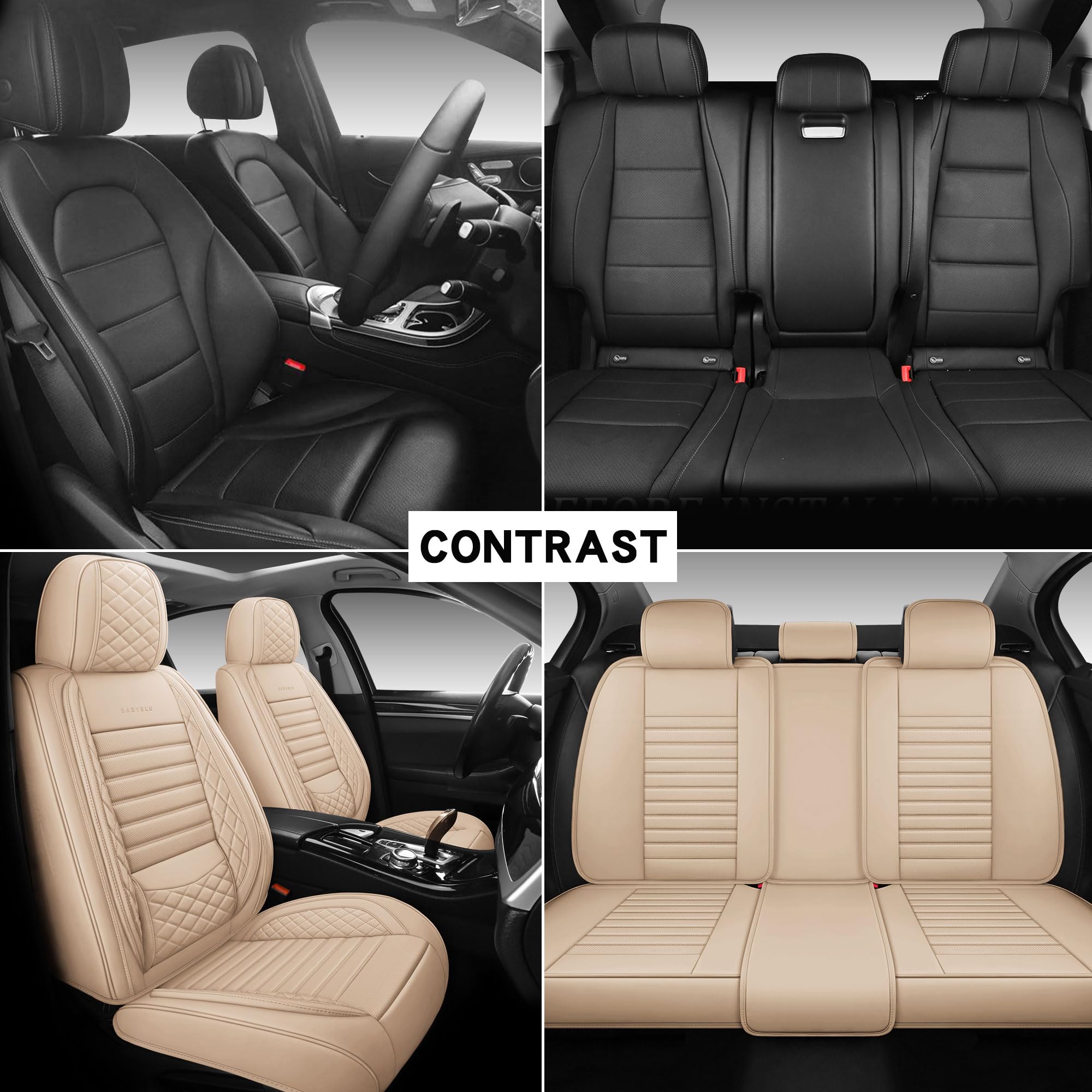 BABYBLU Coprisedili per auto in finta pelle, copertura completa, universali, adatti per auto, SUV, pick-up con similpelle impermeabile, accessori interni (set completo, beige)