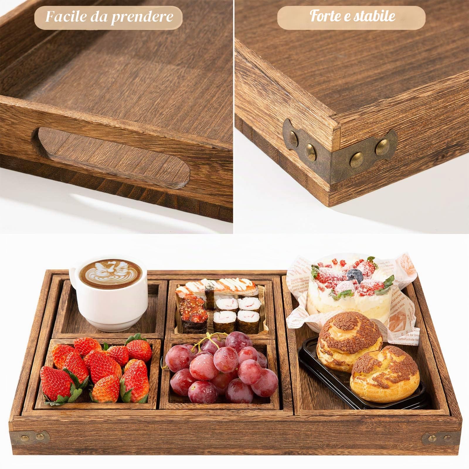 Yangbaga Vassoio da portata 7PZ in legno di paulownia, con manici Vassoio rettangolare per piatti, bevande, vassoio colazione, vassoio da portata per ricevimento di festa o vassoio decorativo