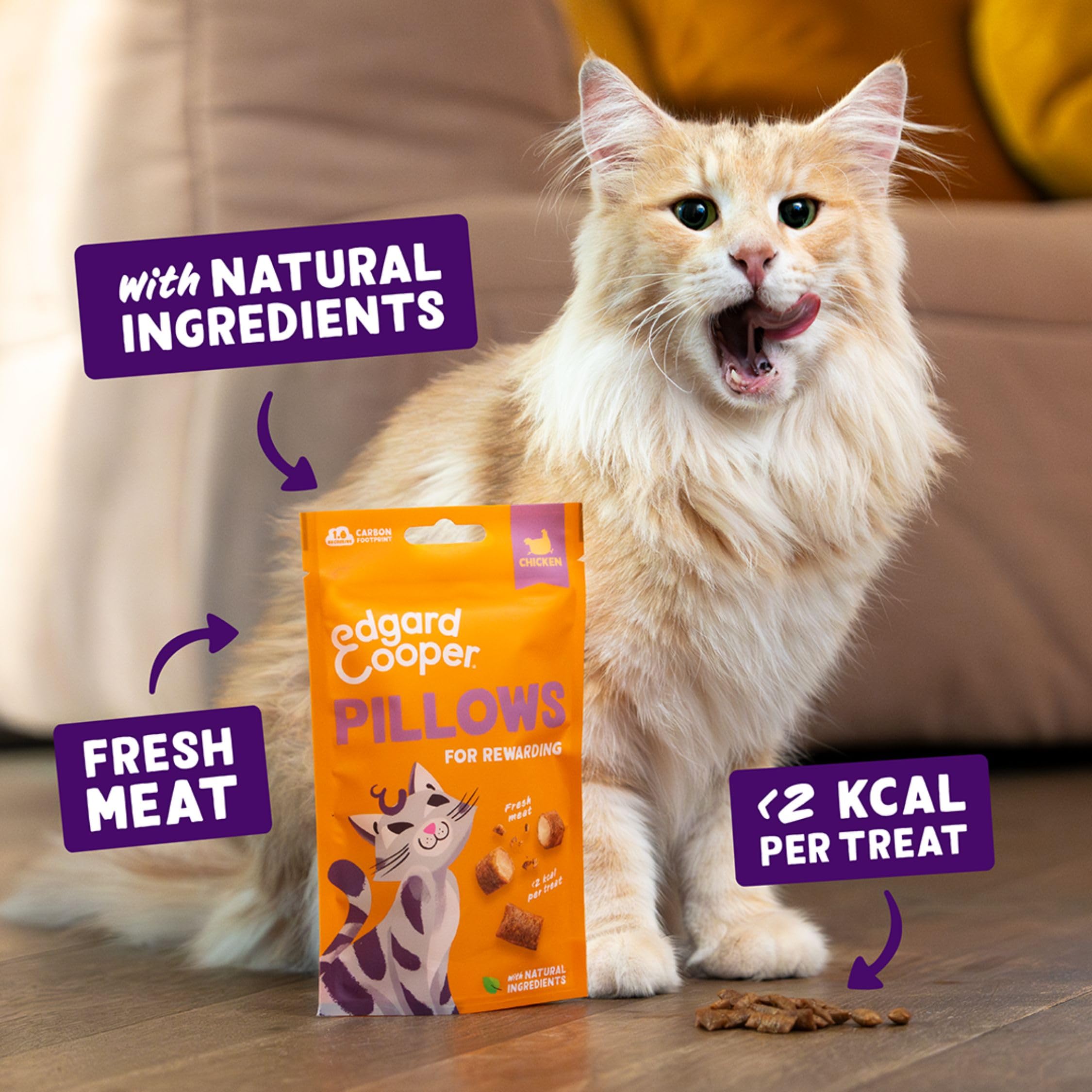Edgard & Cooper premios Naturales para Gatos, bocaditos de Pollo (1x60g), con Carne Fresca, sin Cereales, Menos de 2kcal por Premio, Ingredientes Naturales y sin azúcares añadidos.