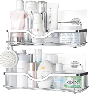 Homesthetic Shower Caddy with Hooks, Shower Shelf for Bathroom Storage, No-Drilling Adhesive Bathroom Shelves, Shower Rack with Shampoo Holder and Shower Storage (Pack of 2) (Silver)