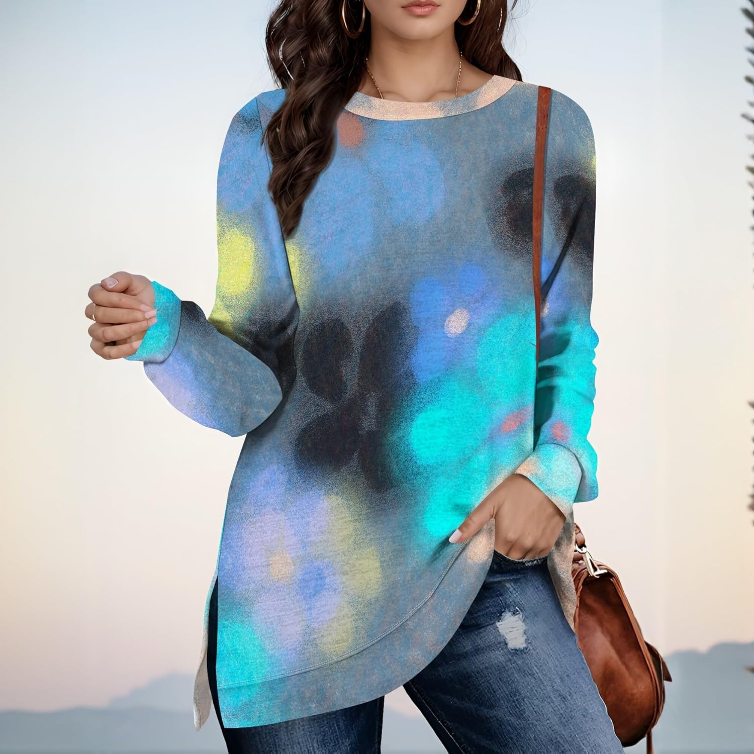 Sweatshirts For Women V Neck Floral Sweatshirt Women Side Split Design Pullover Hoodies Comfy Fashion Clothes - Image 2