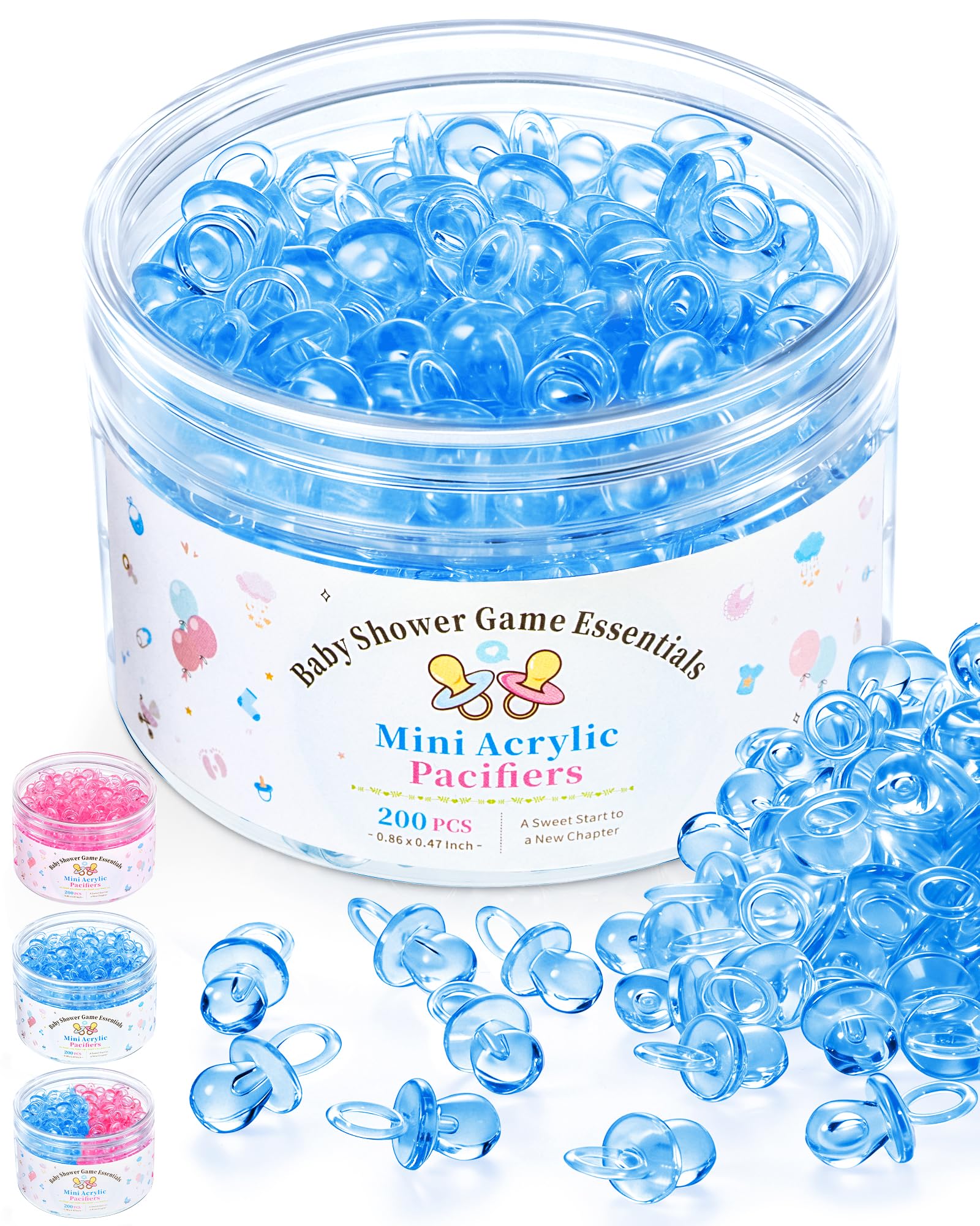 Photo 1 of 200 Pcs Mini Pacifiers Baby Shower Games, 0.86'' Acrylic Pacifiers in Clear Jar, Chupones para Baby Shower Pacifier for Party Favors, Table Scatter, Gender Reveal Decoration DIY Craft(Blue)