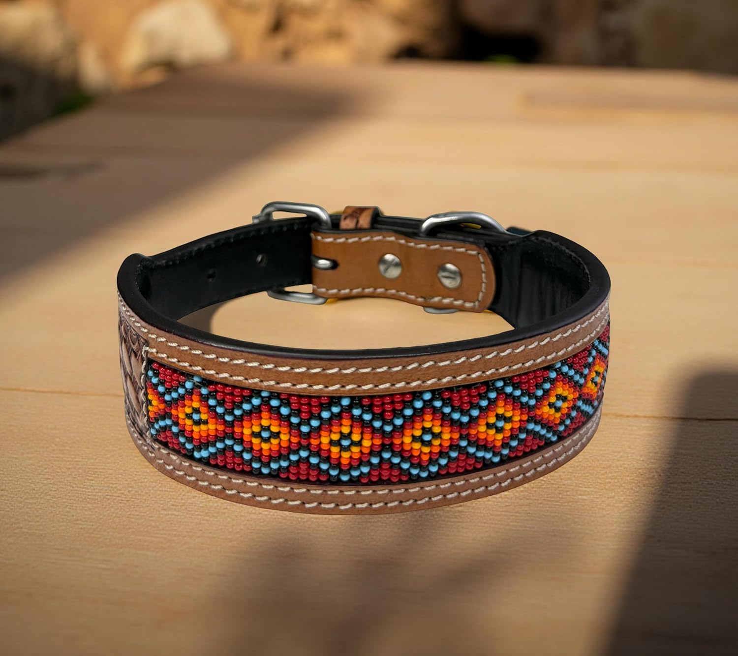Genuine Leather Hand Tooled Beaded Padded Leather Dog Collar Western Leather Dog Collar (L (18"-21"))
