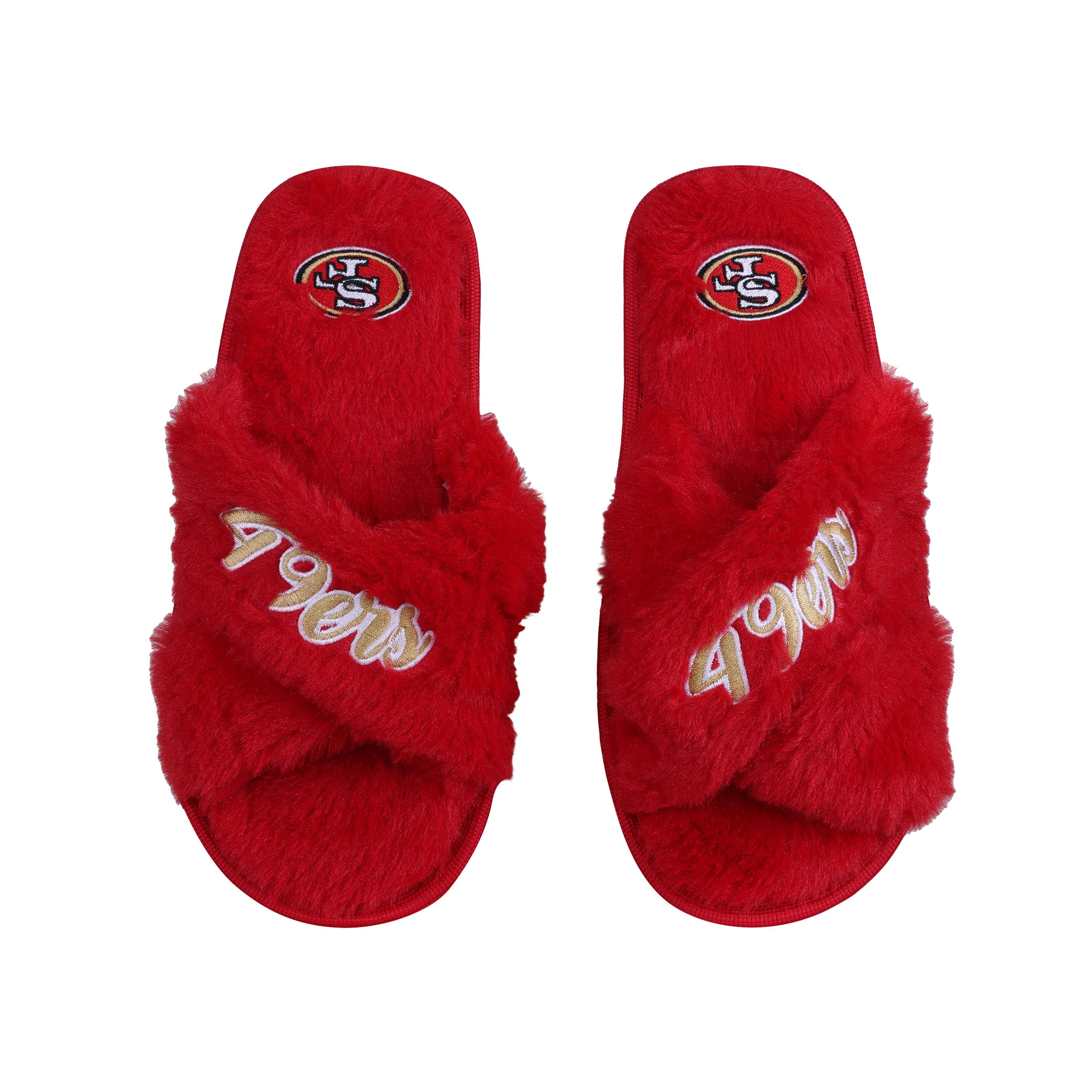 FOCO Womens NFL Team Script Wordmark Fuzzy Cross Slide Slippers