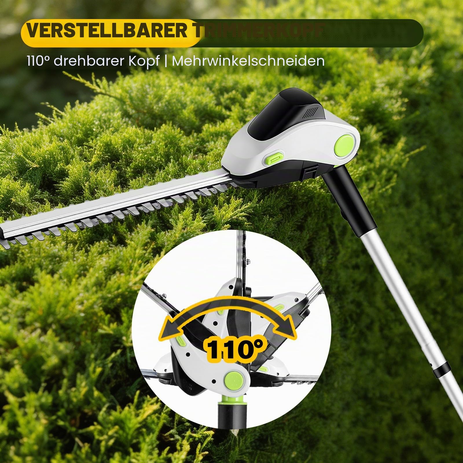 21V Rasentrimmer mit Akku und Unkrautbürste, 4-in-1 Teleskop Heckenschere | mit 2 austauschbaren Köpfen und 2 x 4.0Ah Bürstenlose Freischneider Akku für Garten und Hecke