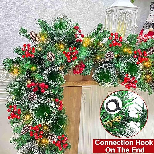 Miniatura 4 de Temporizador 8 modos  Guirnalda de Navidad preiluminada de 9 pies por 10 pulgadas con 50 luces cálidas gruesas, 270 cerdas nevadas, pino, 10 piñas,