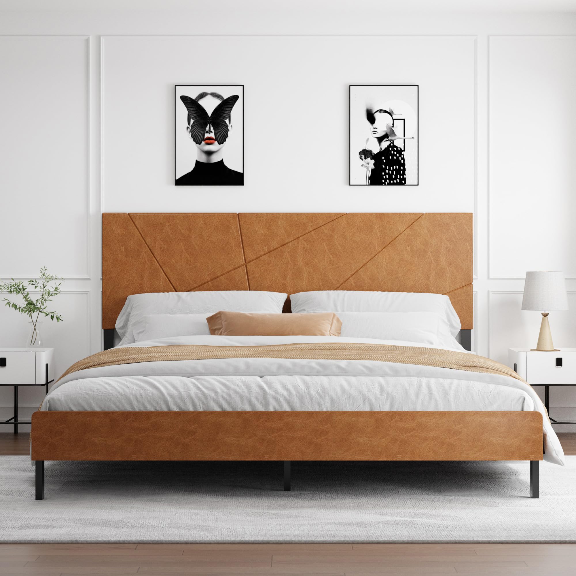 King Size Bed Frame Metal Aquare Platform Bed Frame with Headboard and Footboard Antique Brown Bed Frame No