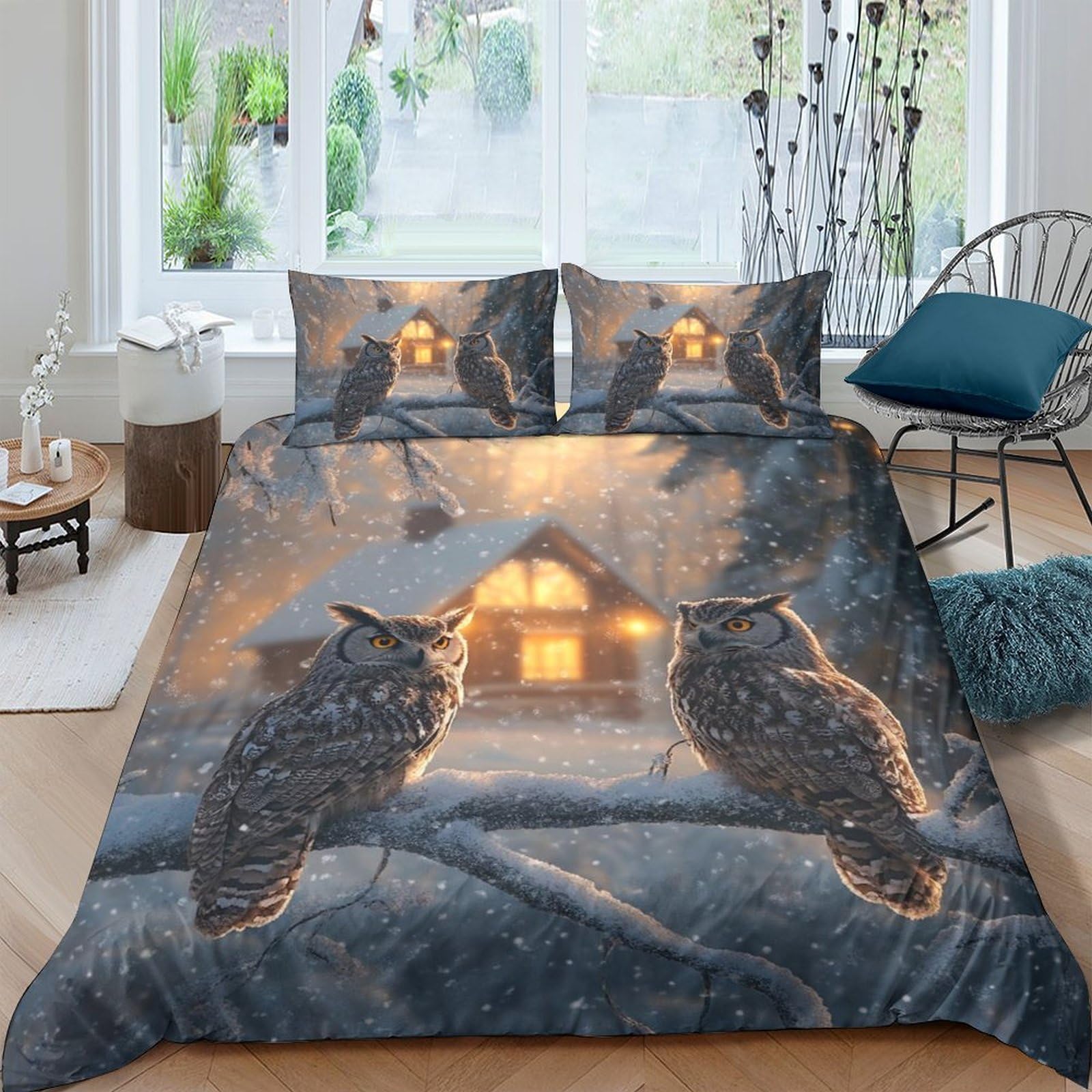 TUFRTGYHN 3D Printed Winter Night Owl Duvet Cover Microfiber Soft Breathable Cabin Forest Bedding Set with 2 Pillowcases for Bedroom Home Single（135x200cm）