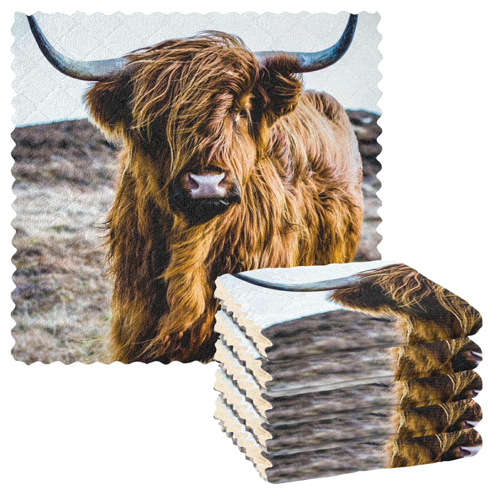 Earth-Yellow Scottish Highland Cow Vintage Style 6 Set Kitchen Dish Towels, Washcloths Cleaning Cloths Dish Cloths, Absorbent Towels Lint Free Bar Tea Soft Waffle Towel 11"x11"