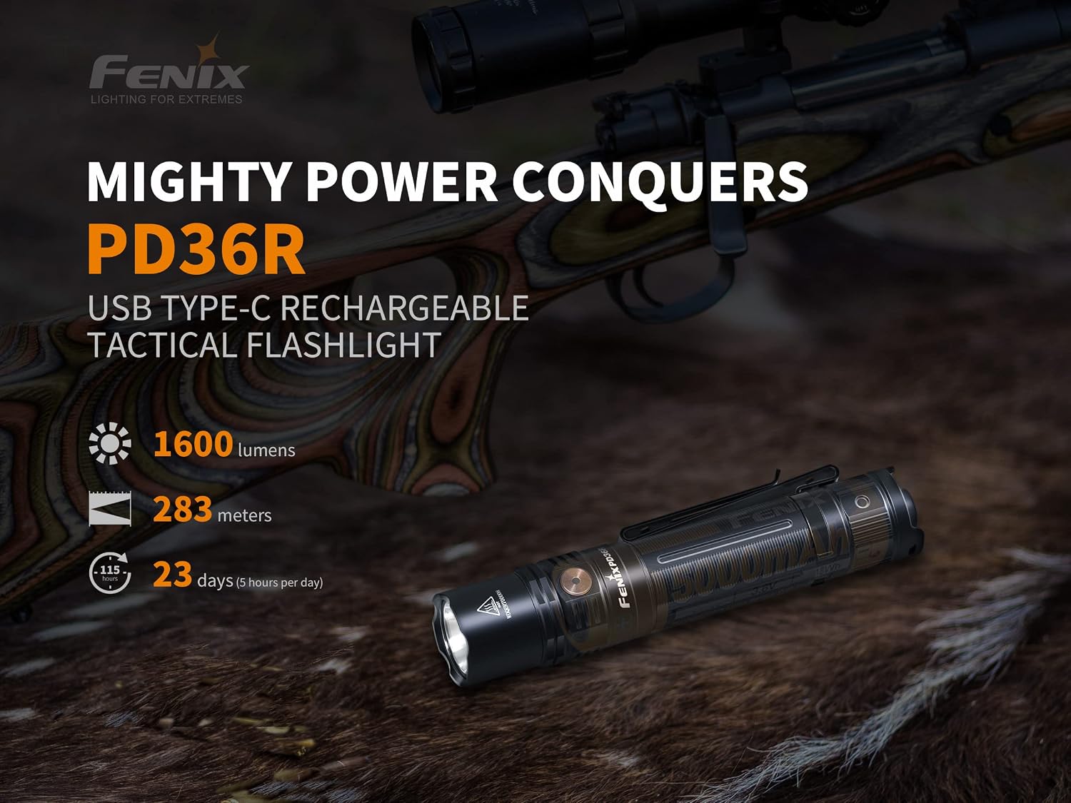 Fenix PD36R Rechargeable Flashlight, 1600 Lumen USB-C Tactical Duty Light with Battery and LumenTac Organizer