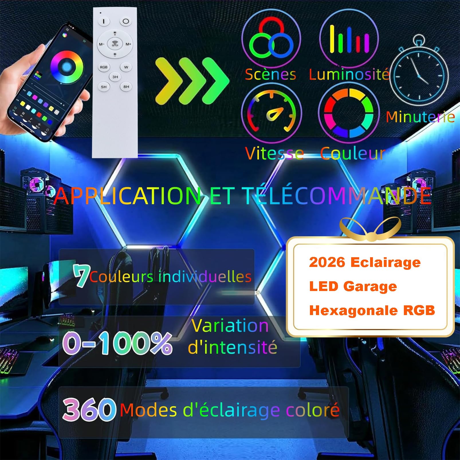 Plafonnier LED Hexagonal RGB Lampe de Garage LED Hexagonale Couleur pour Garage 360 Modes De Couleur Musique De Entrepôt, Salon De Beauté Automobile,RGB,5 Hex