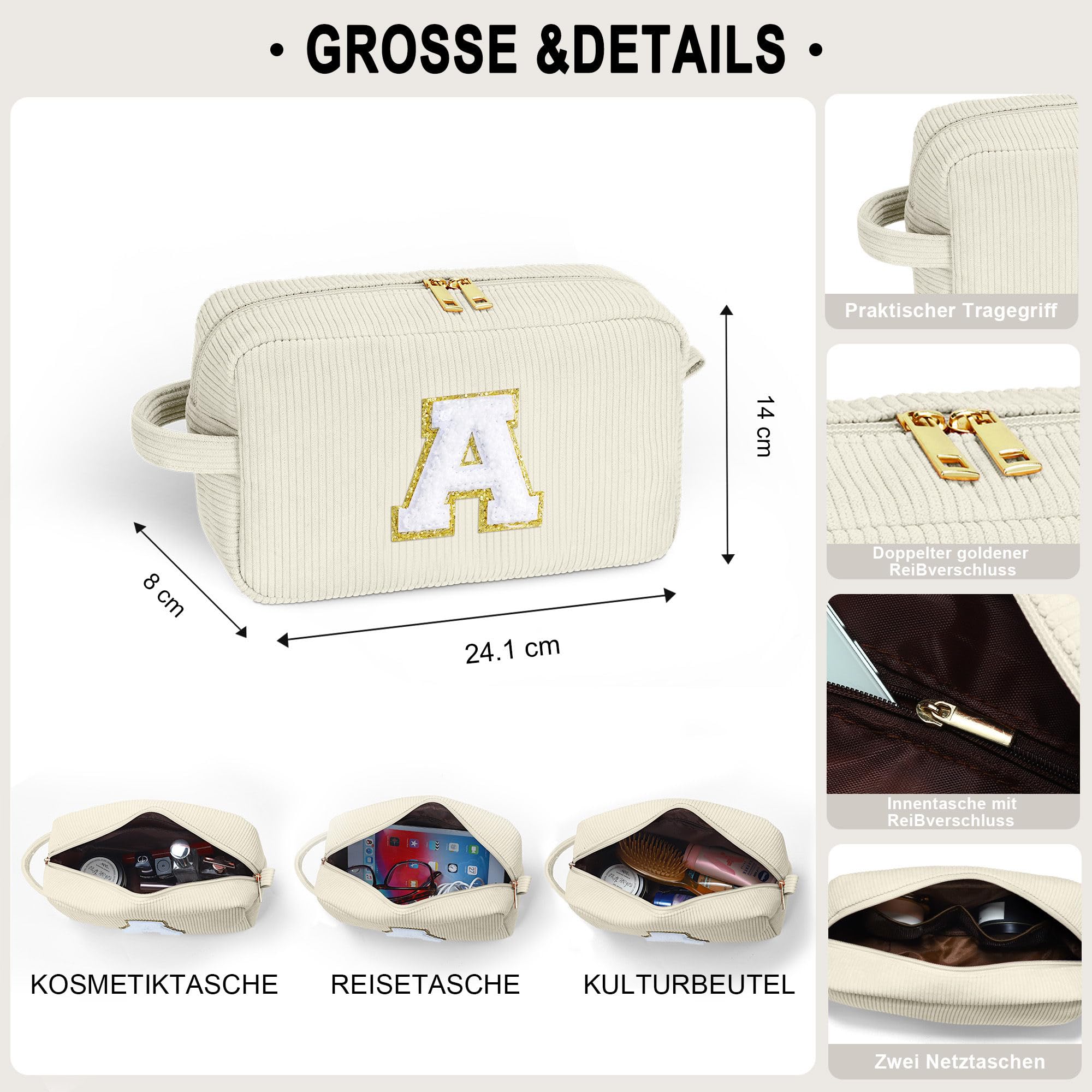 YOOLIFE Geburtstagsgeschenk Mädchen 3 4 5 6 7 8 9 10 11 12 13 14 Jahre, Kosmetiktasche Kulturbeutel Kulturtasche Make up Tasche Schminktasche Travel Bag Waschtasche Geschenk für Kinder Damen, Beige L