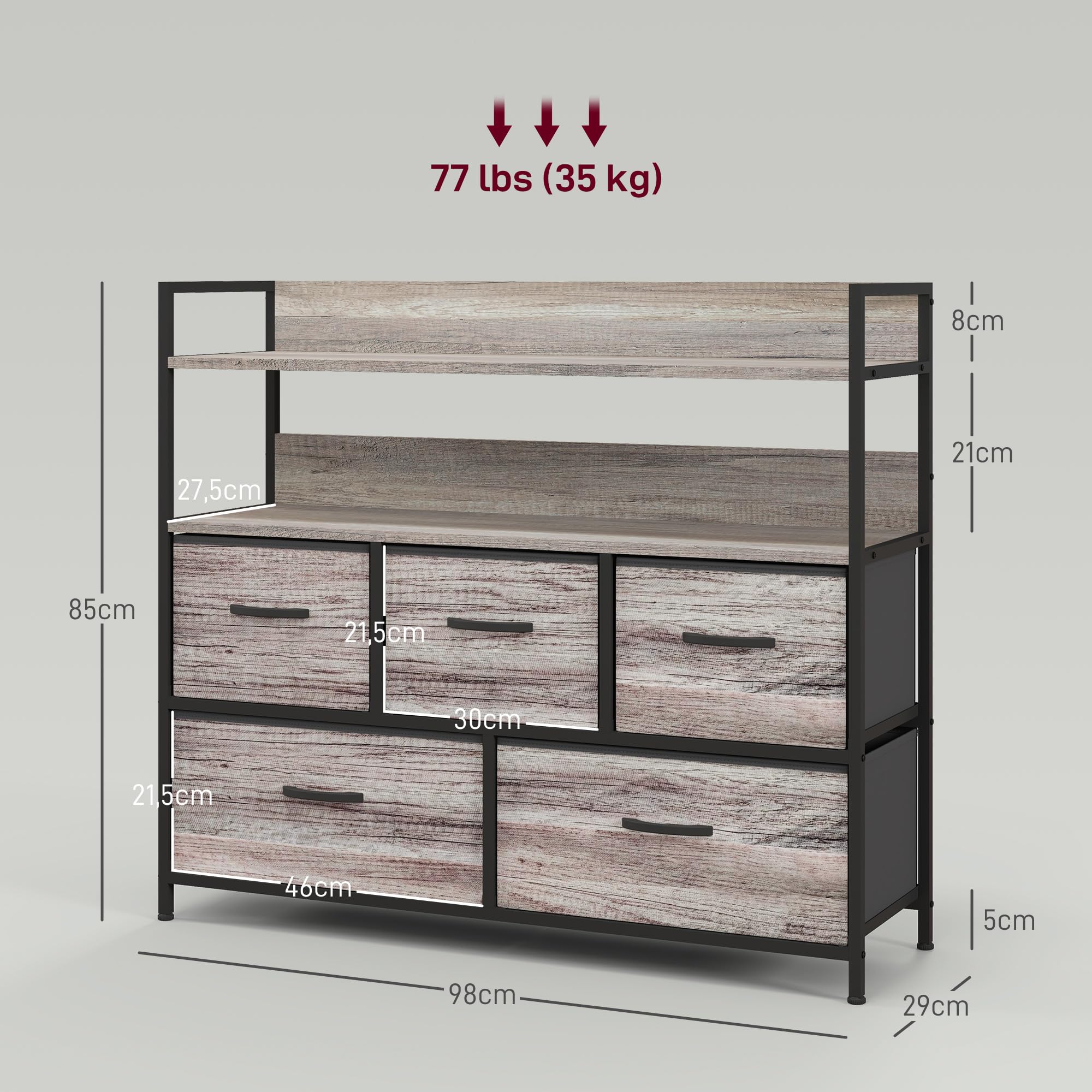 HOMCOM Komoda z 5 szufladami z materiału, szafka do przechowywania, szafka na komodę z 2 półkami, stalowy stelaż, przemysłowe wzornictwo do salonu, sypialni, szara