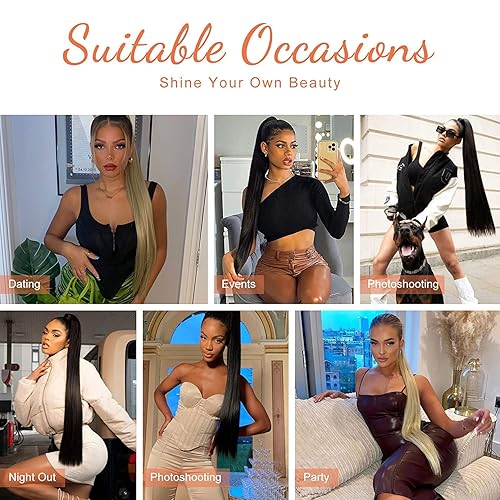 Miniatura 6 de SEIKEA Extensiones de cola de caballo de 28 pulgadas, con cordón, larga y recta, cola de caballo falsa, extensiones de cabello sintético suave y