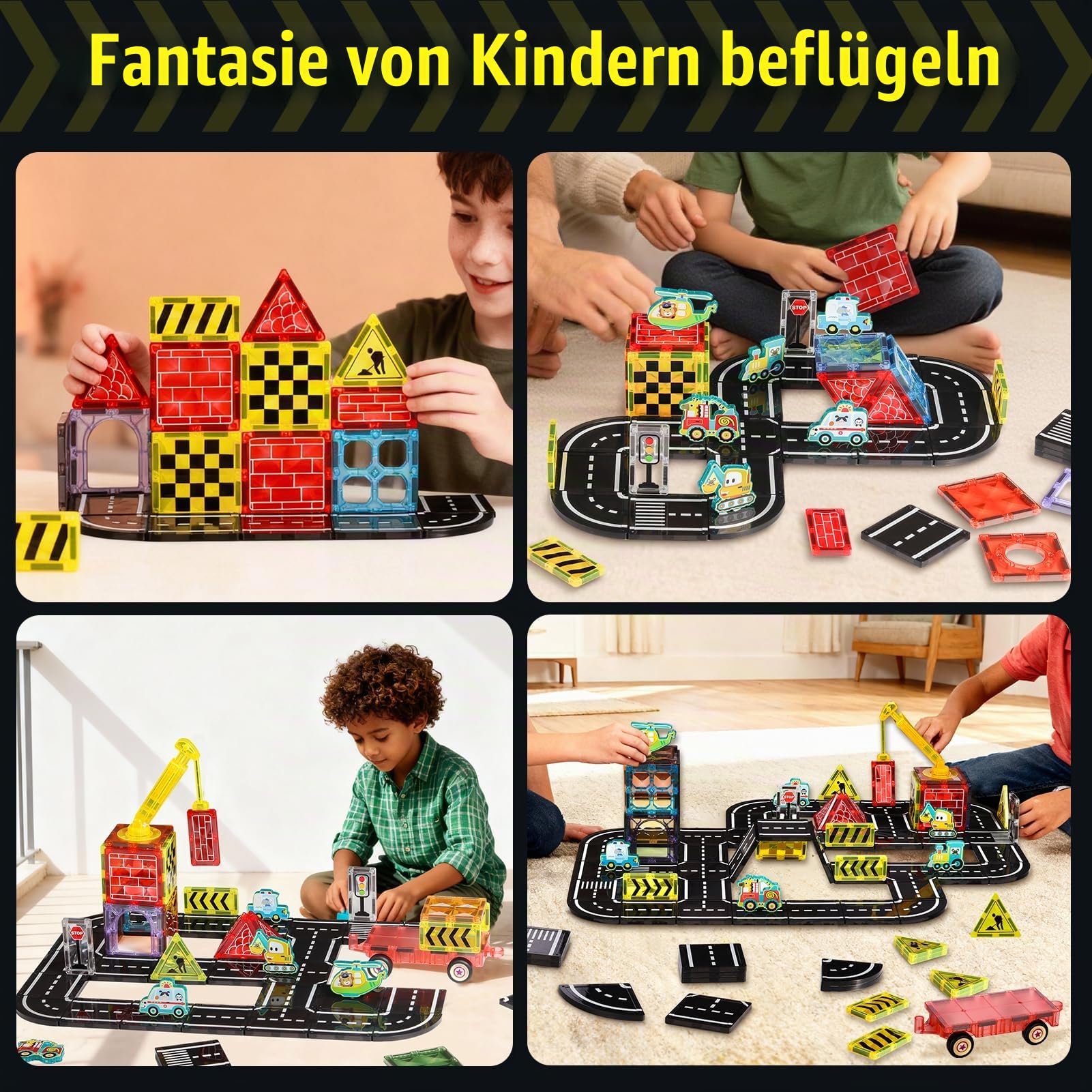 80PCS Magnetische Bausteine Straßenset, 7,5 cm Große Magnetische Bausteine inkl. Flugzeug Auto für Jungen Mädchen 3 4 5 6 7 8 9 10 11 12 Jahre STEM-Konstruktionsspielzeug pädagogisches Geschenk