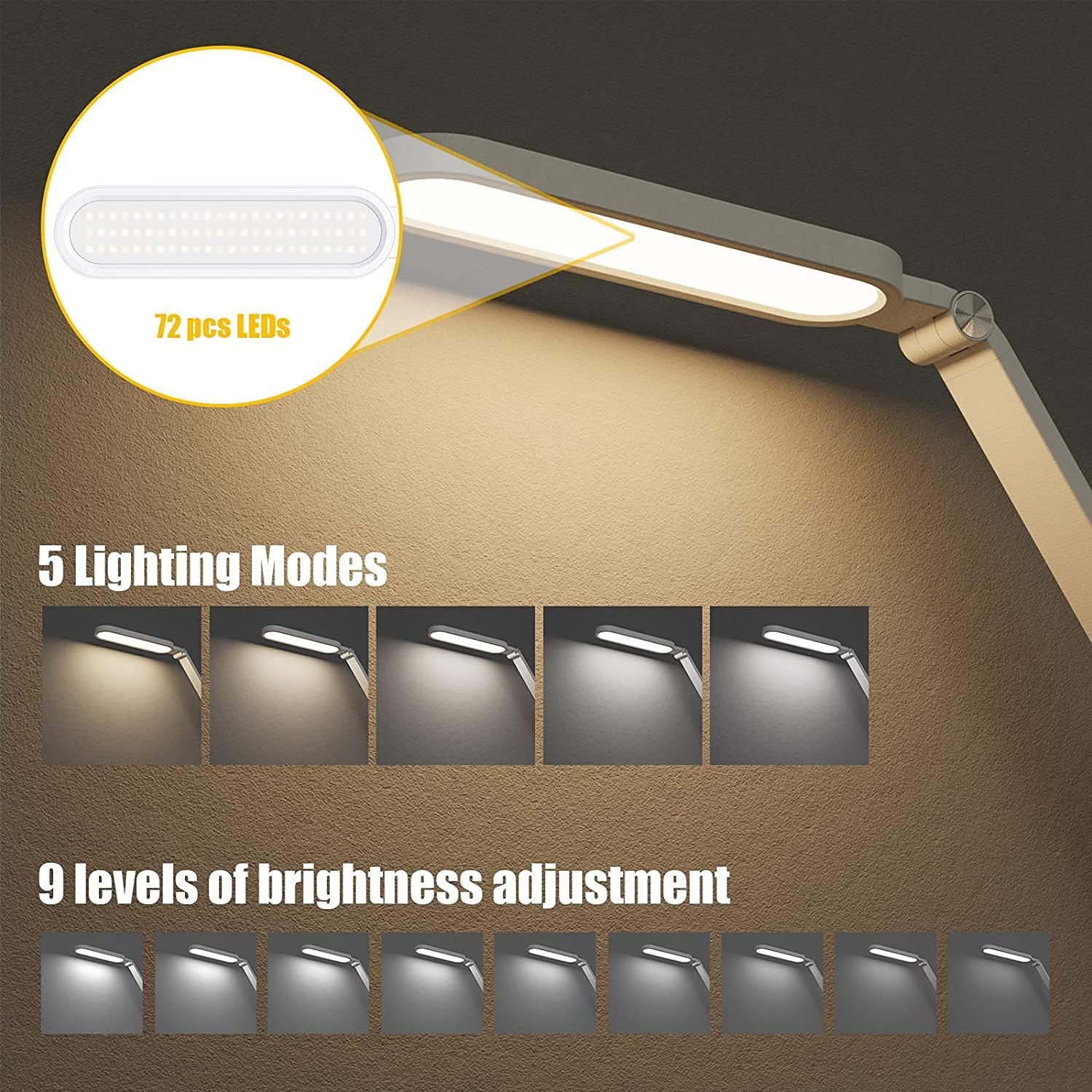 JKSWT Schreibtischlampe, für die Augenpflege Dimmbare Tischlampe mit 5 Farbmodi 72 LEDs mit USB-Ladeanschluss Touch-Steuerung und Memory-Funktion Bürolampe