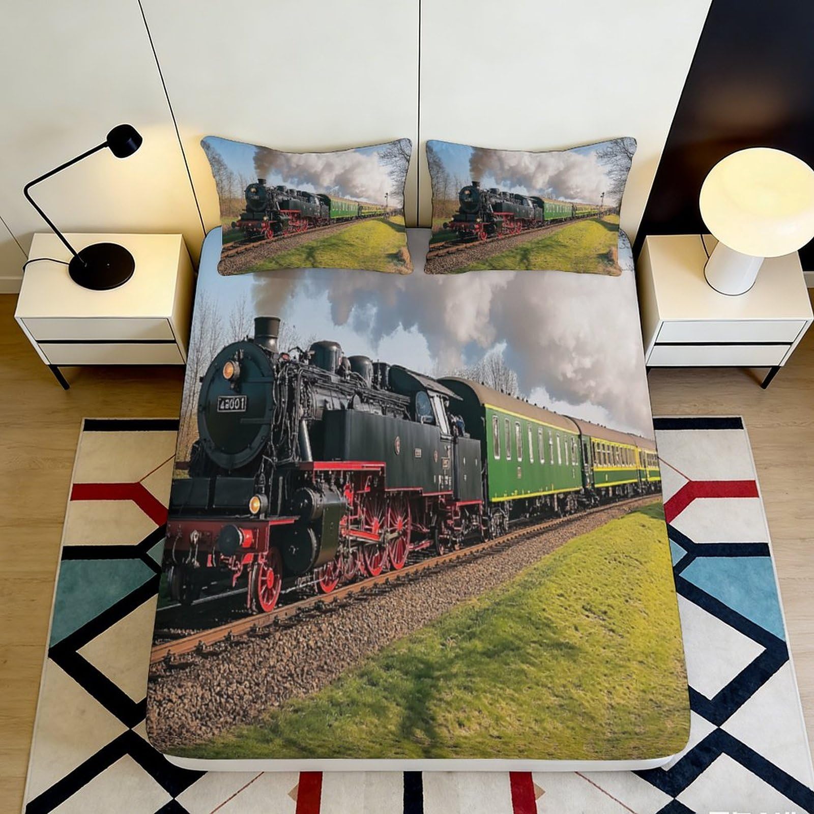 3D Printed Steam Train Fitted Sheet Microfiber Soft Green Railway Mattress Cover for Bedroom Guest Room Dorm Decor 90x200x25cm