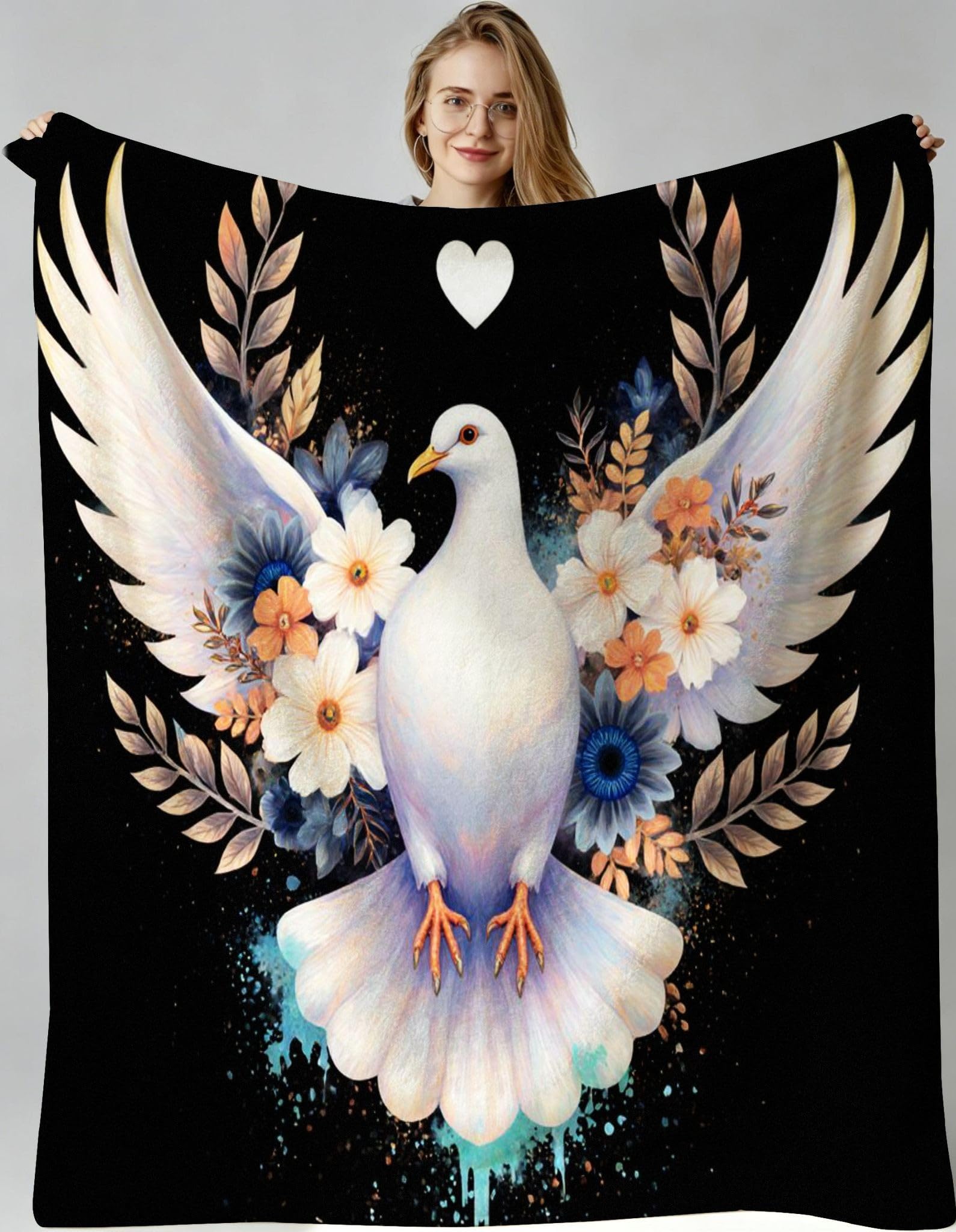 Couverture polaire lavable en machine colombe noire fleurs 240x260 cm