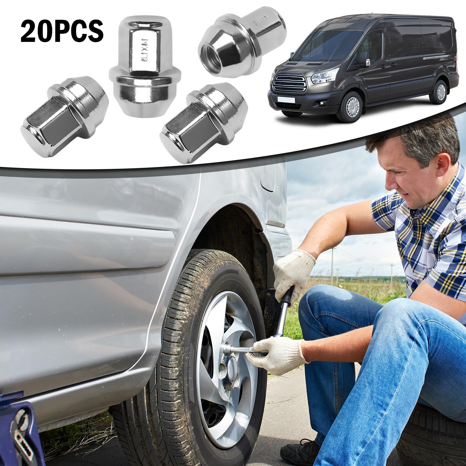 Set di 20 punte per ruota in acciaio inox M14 x 1,5 per Tourneo Transit Custom V362 V363 Bus Kasten. 5196786, 5644266, ACPZ-1012-B
