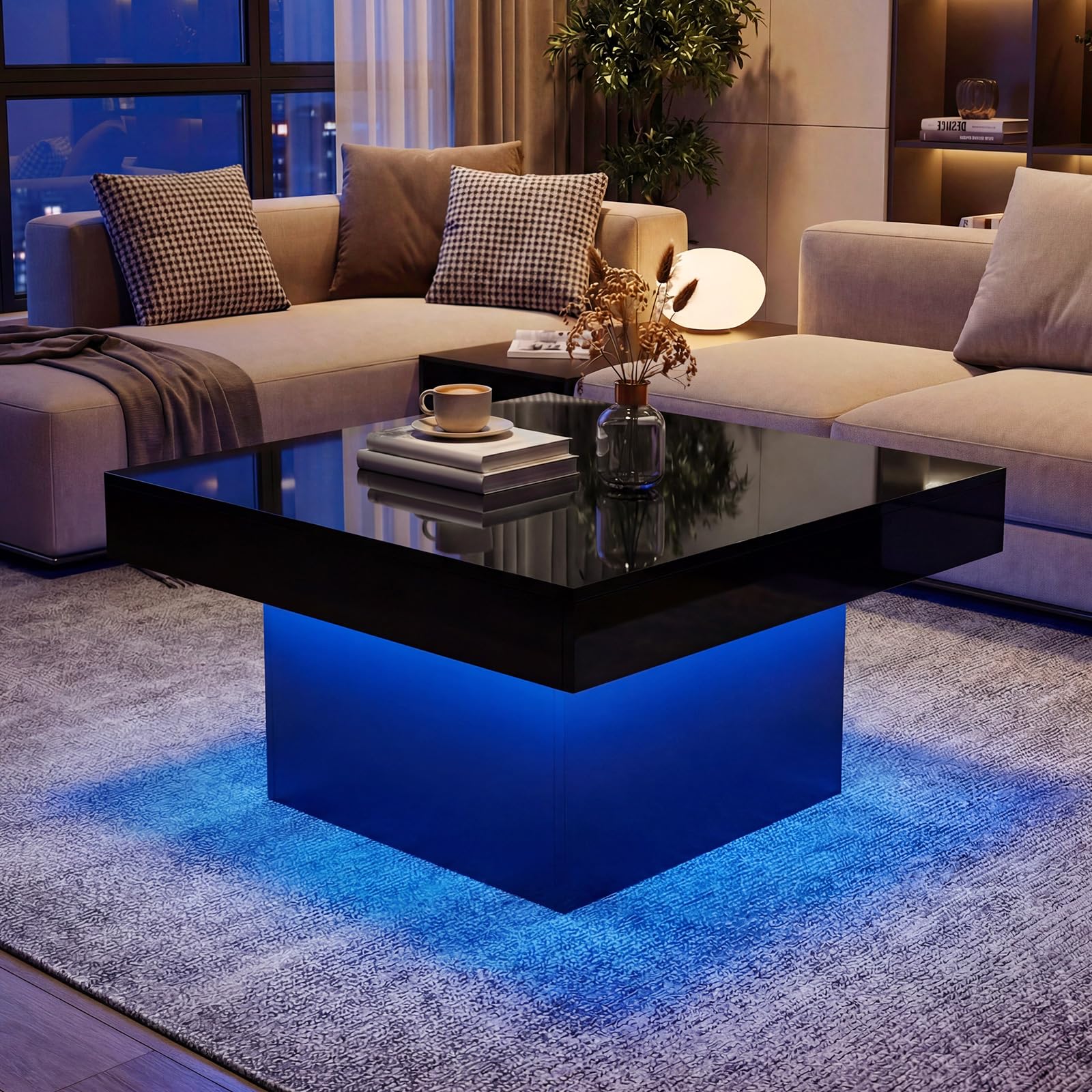 GOFLAME LED Coffee Table for Living Room, 35.5” Square Center Table with Storage, Adjustable Light Colors, Speed & Brightness, Remote Control, Modern High Glossy, Wooden Accent Tea Tables (Black)