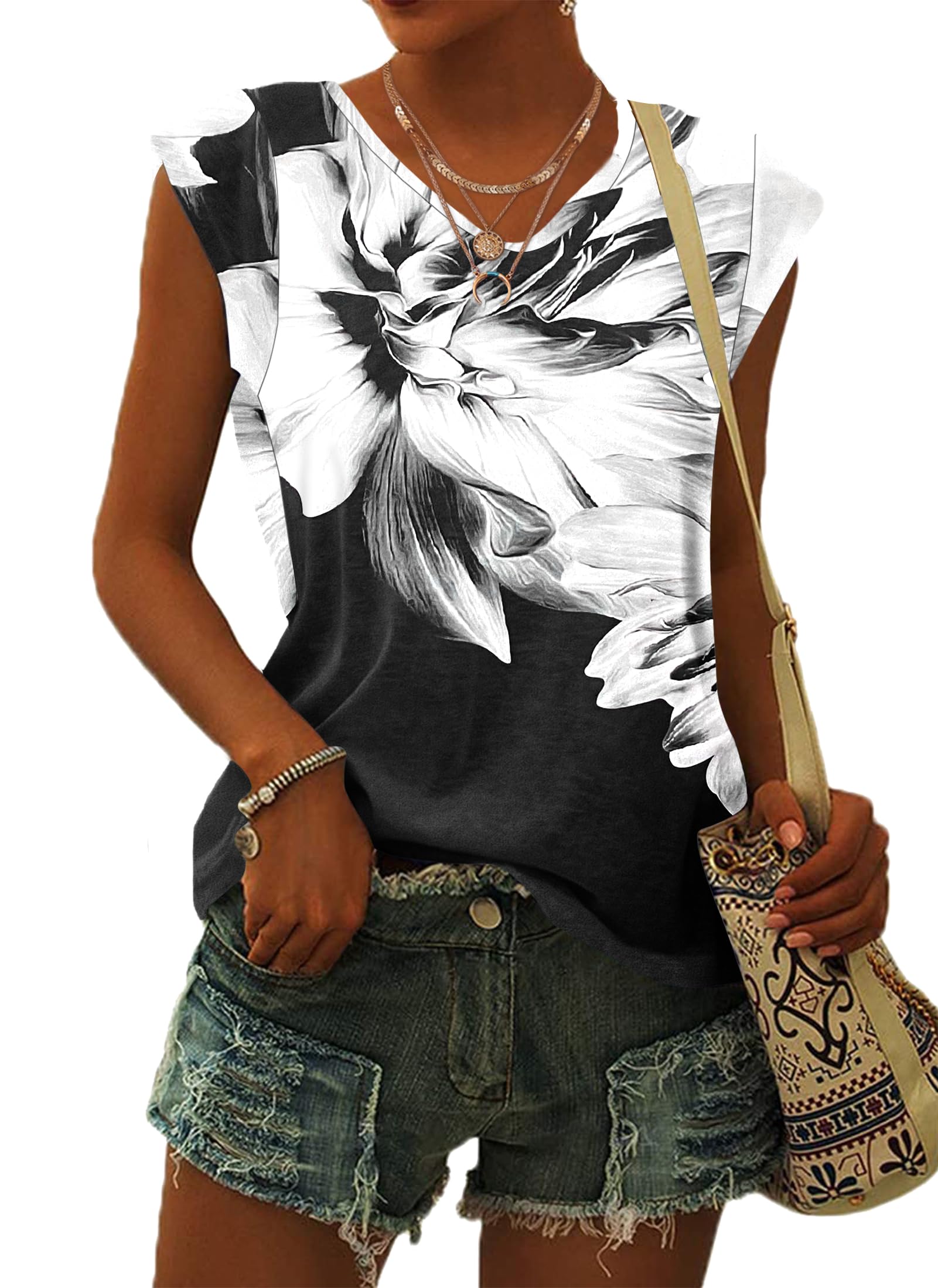WNEEDU Camisetas para Mujer Manga Corta Verano Camisa Suelta con Cuello V Camisetas sin Mangas Verano S-3XL