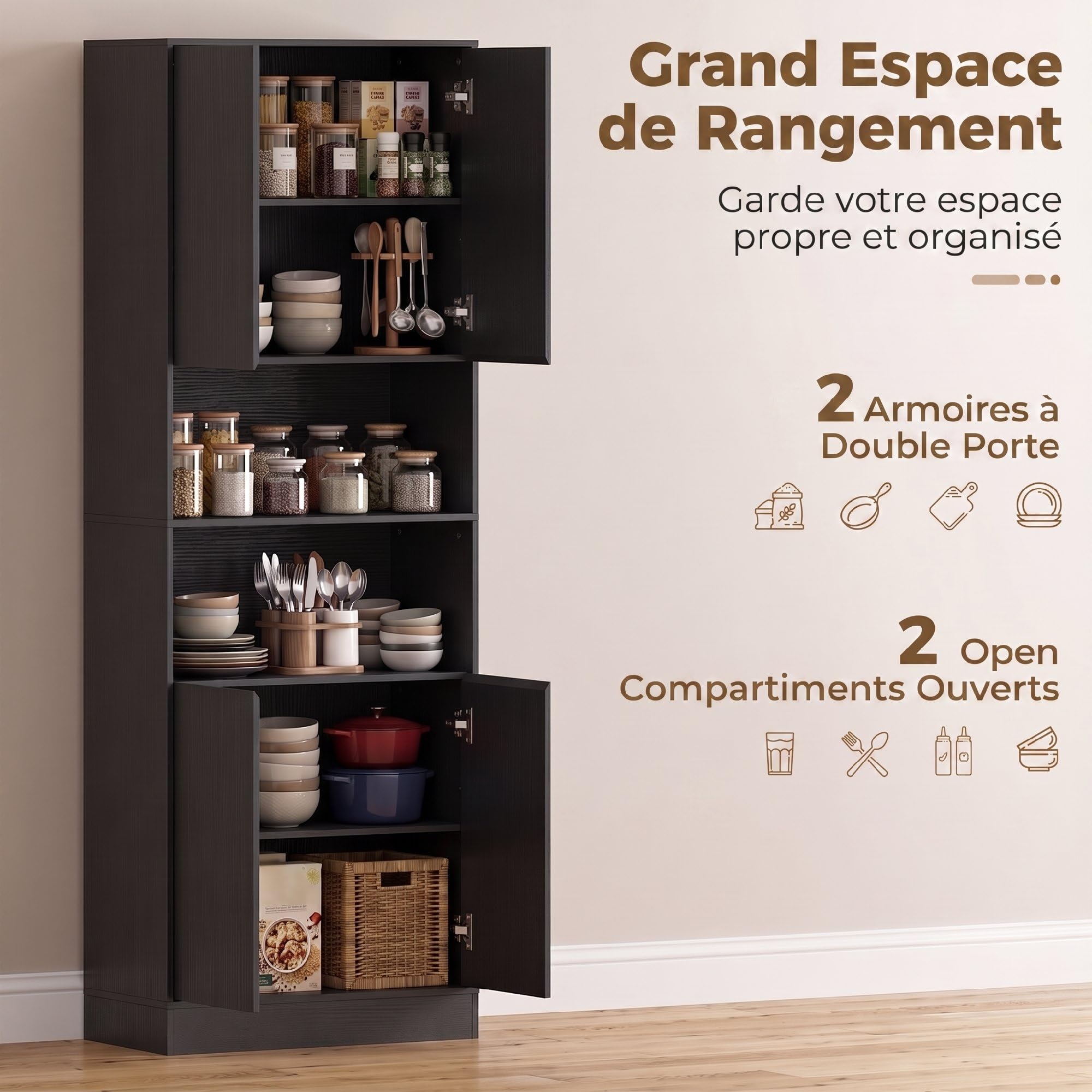 HOMCOM Buffet Haut Cuisine Armoire de Cuisine 4 Portes 60x30x170cm Noir