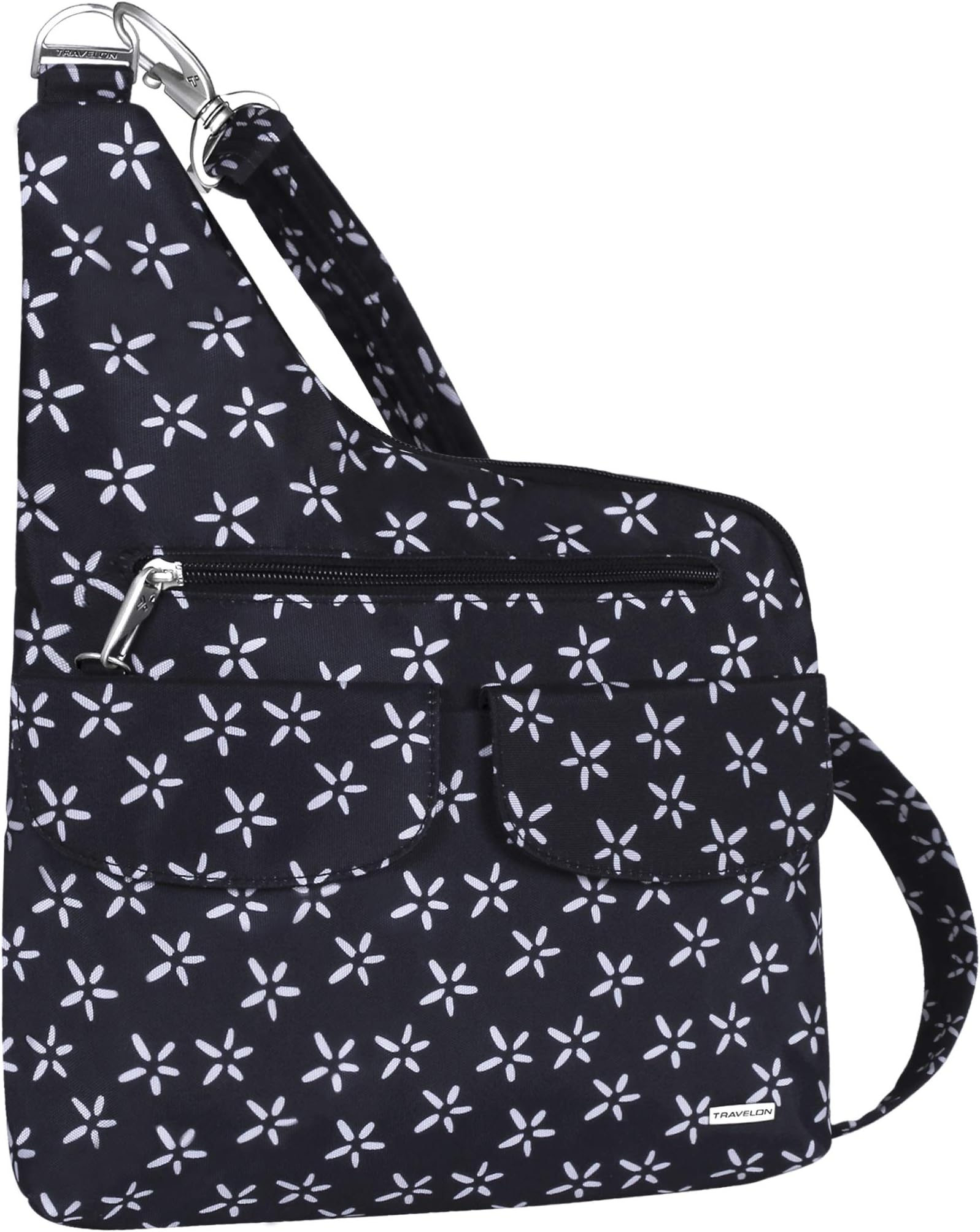 Anti-Theft Cross-Body Bag, Two Pocket, A B/W Small Flower Print, One Size, Crossbody