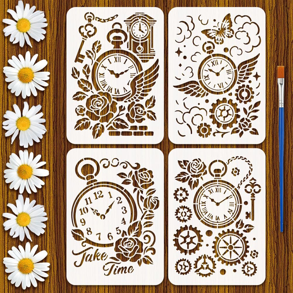 FINGERINSPIRE 4Styles Vintage Gears Clocks Stencils with a Brush 29.7x21cm 4 Styles Creative Clocks Painting Stencils Wings Rose Flowers Words Keys PET Template for Wood Floor Wall Tile Fabric