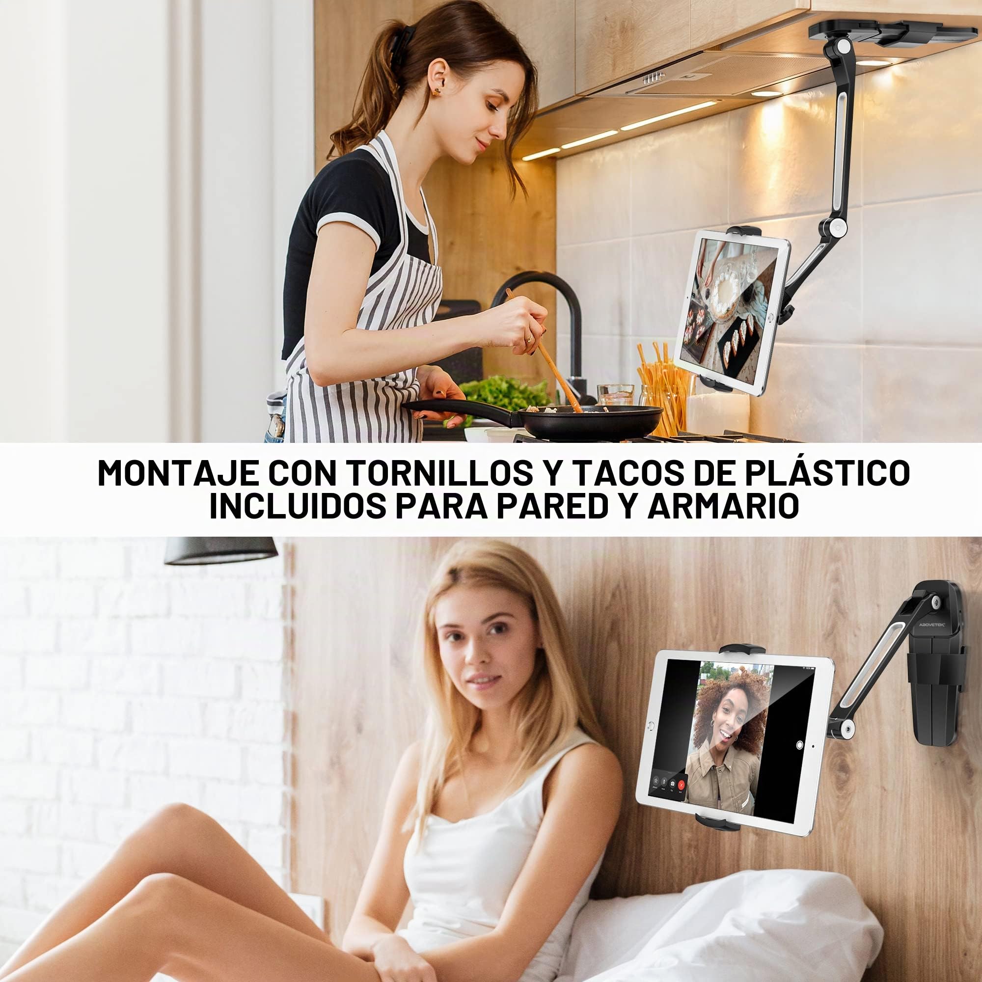 AboveTEK Soporte de Pared para Tablet iPad 3 en 1 - Compatible con iPad de 4.7" a 13.5", Mini, Air, Surface Pro, Móvil - Soporte para Cocina y Mostrador - Negro (Negro)