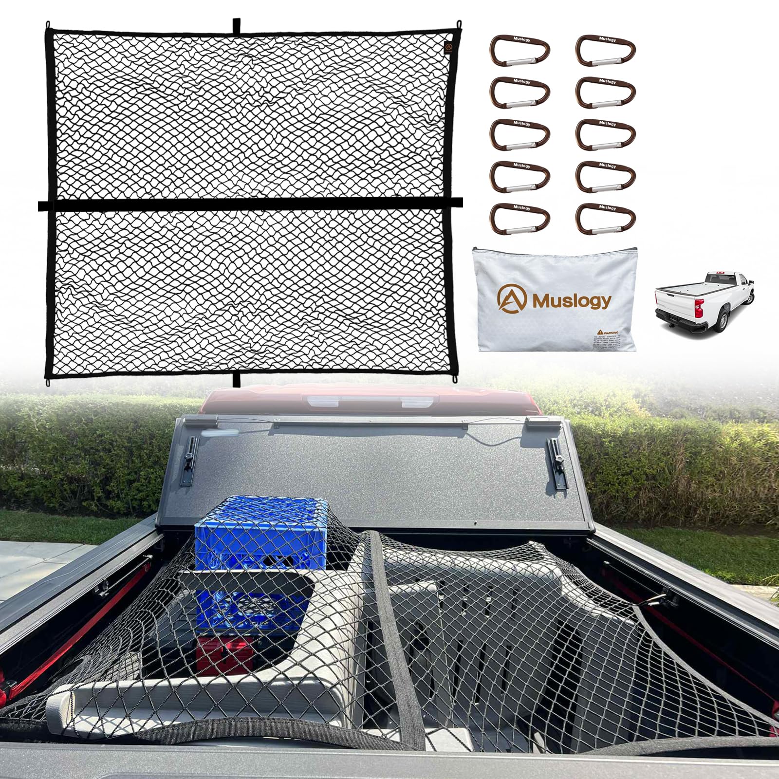 Muslogy Truck Bed Cargo Net Trunk Netting Compatible with Pickup Bed Stretchable 4'x4' to 7'x7' Accessories, Pickup Cargo Organizer SUV Sedan Storage