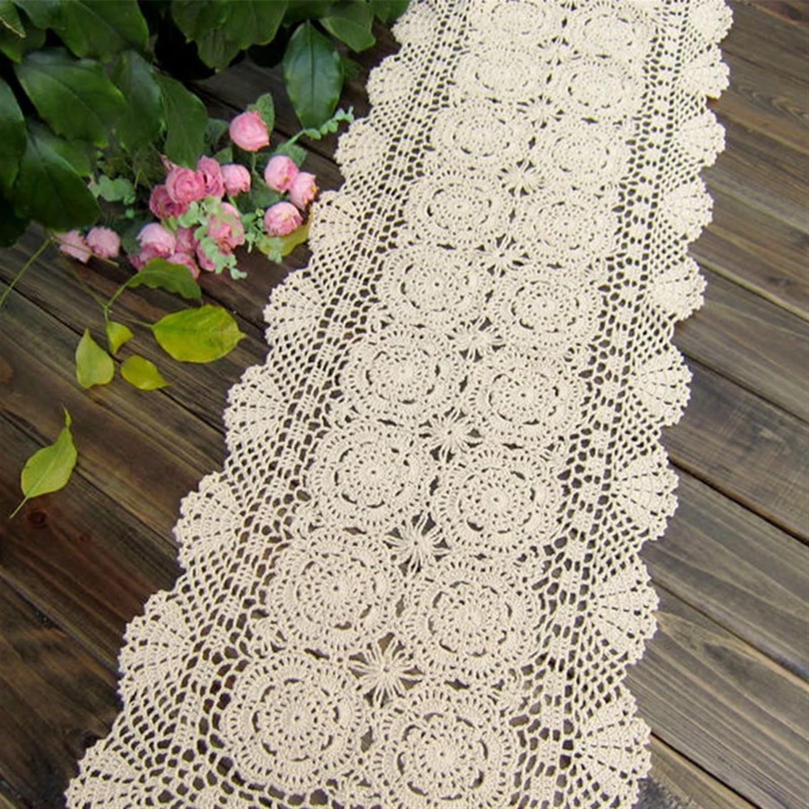 Elegant und luxuriös Handgemachte Baumwolle Gehäkelte Tischdecke Spitzendeckchen Blumen Tischläufer for Zuhause Café Tischdekoration 1 Teile/los (Beige,40x140cm)