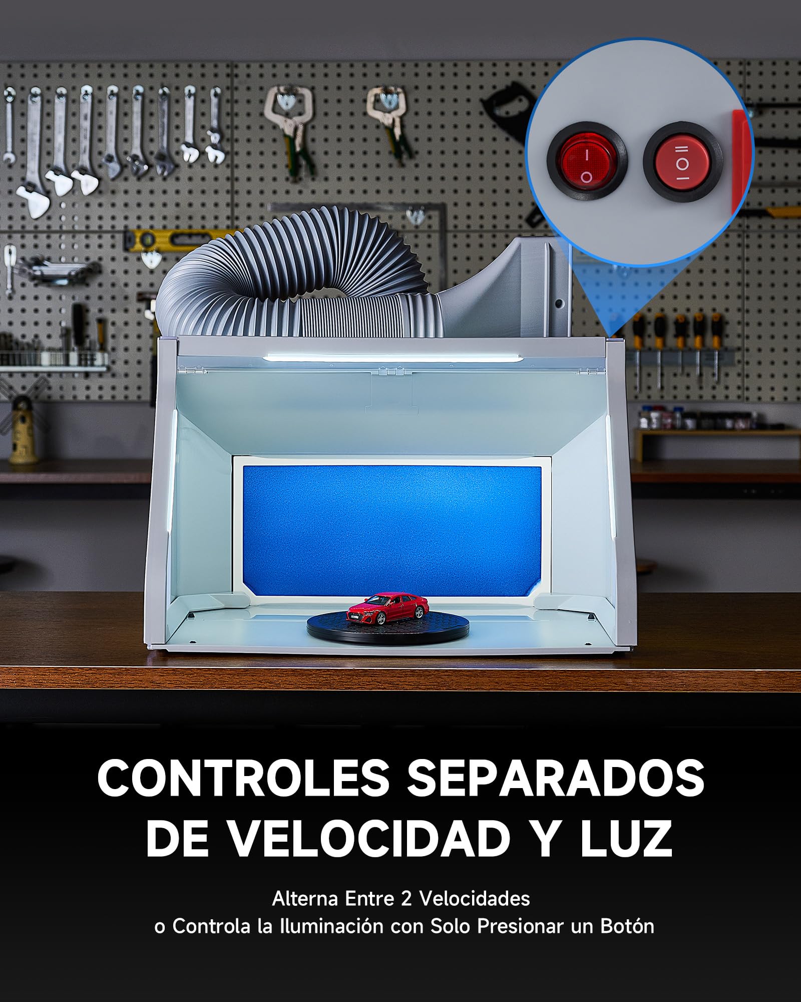 VONLUCE Cabina de Pintura Plegable con Aerógrafo Profesional, Ventilación Ajustable 4m³/min, 3 Luces LED, Plato Giratorio 19 cm Manguera 1,4 m para Modelos y DIY