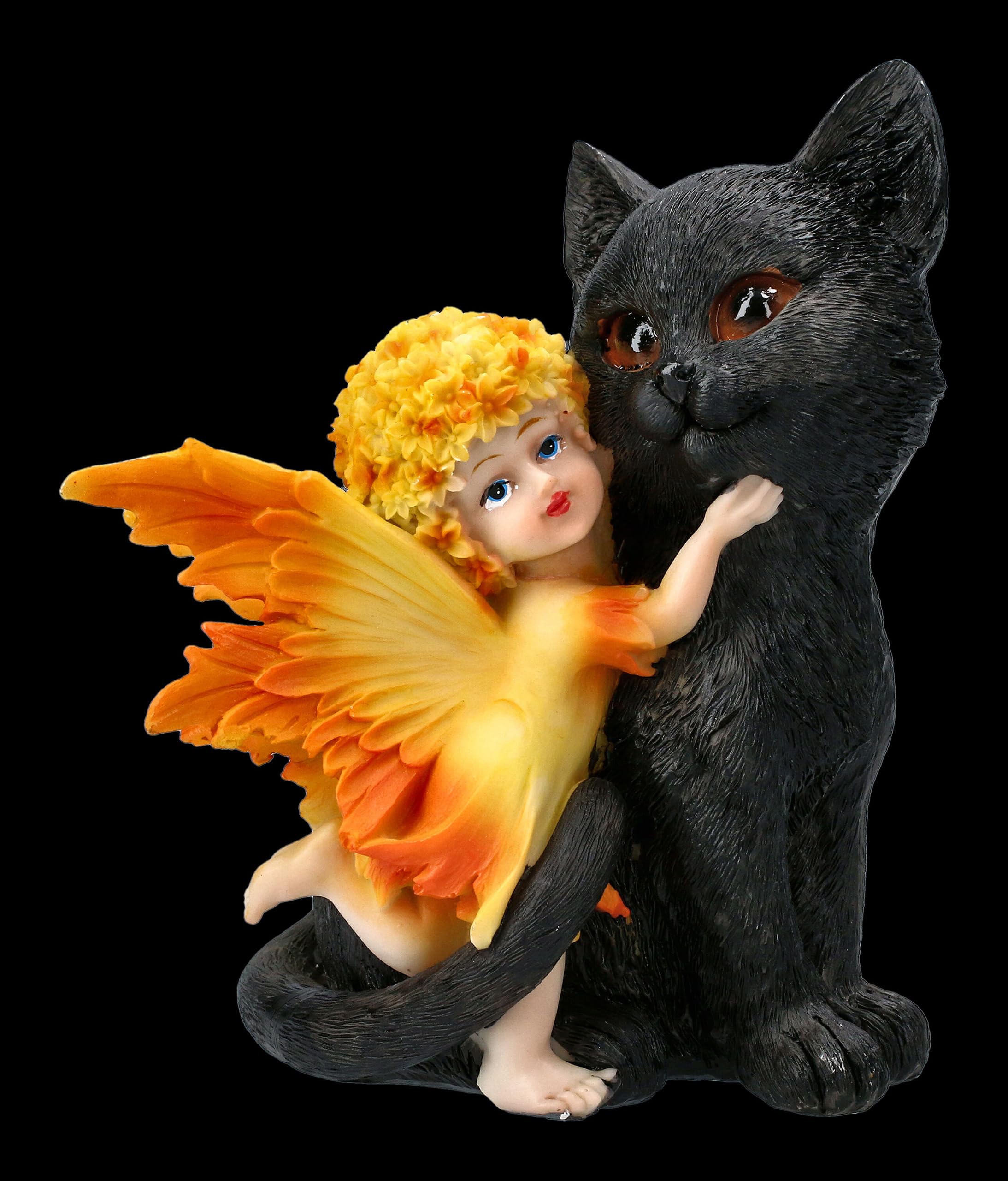 Figuren Shop Figuras de hadas y gatos de flores, juego de 2 unidades, 14 cm, poliresina pintada a mano, gato blanco con elfo rosa, gato negro con hada naranja