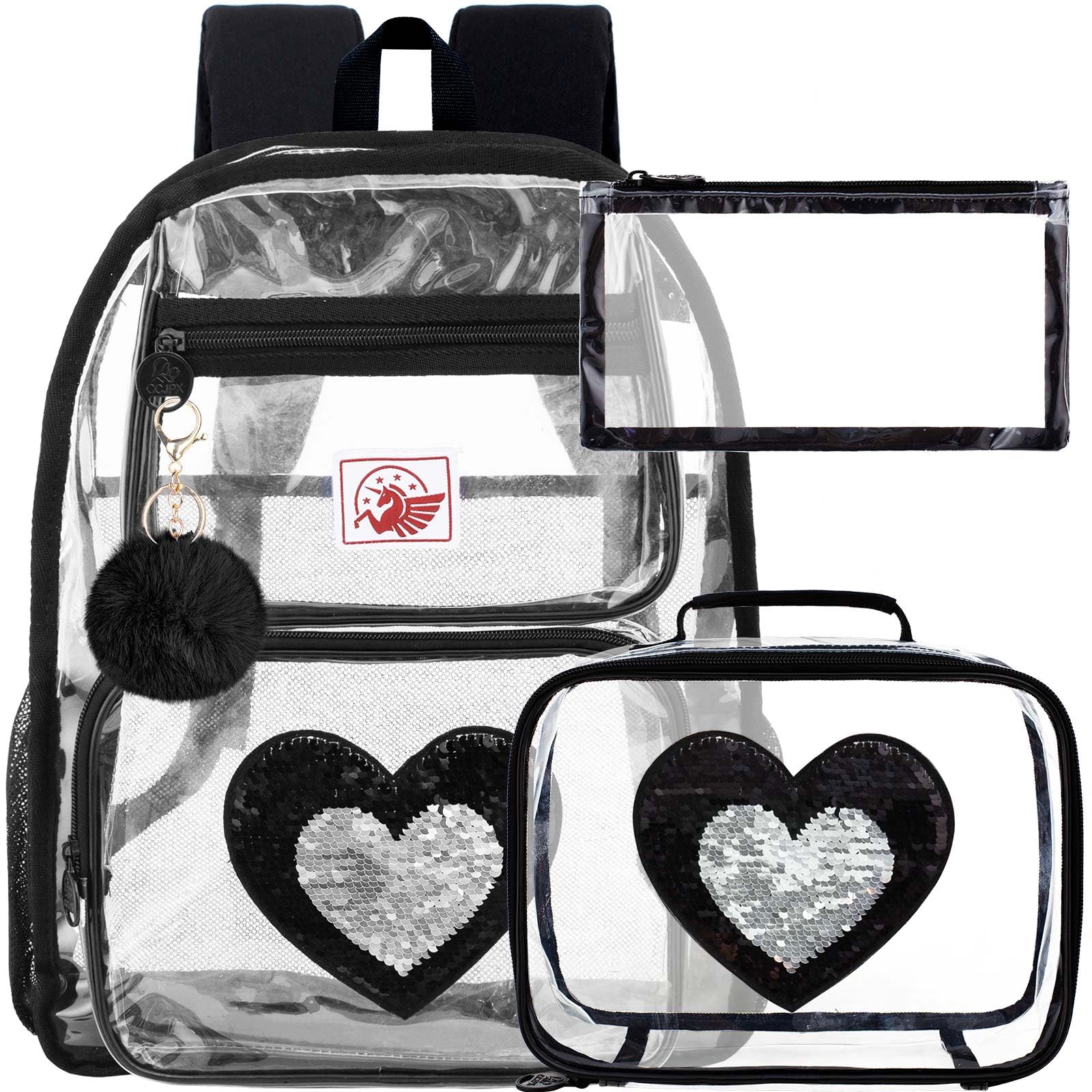 UFNDC 3PCS Clear Backpack Heavy Duty, See Through Sequins School Bag for Girls, Black Transparent Bookbag for Women