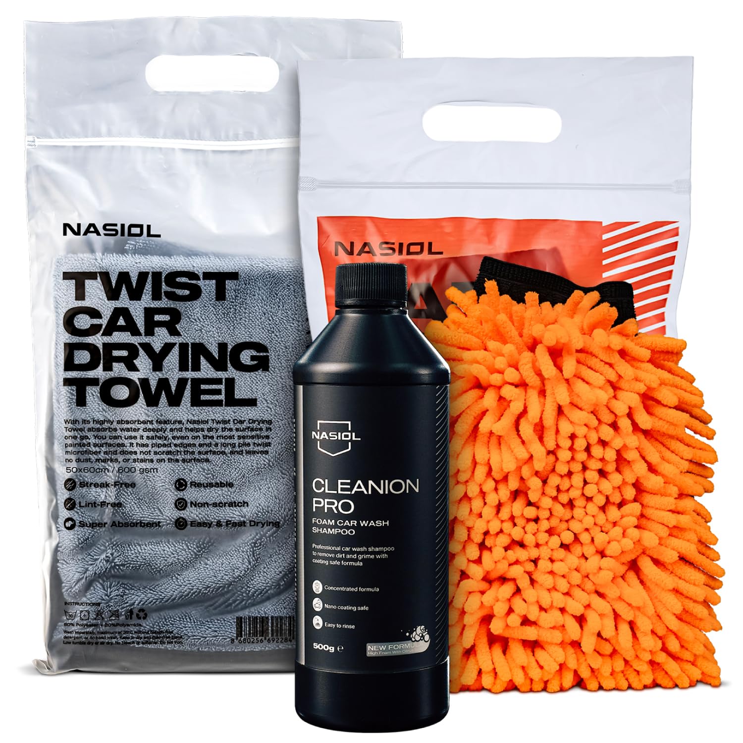 Nasiol Car Wash Set-Car Wash Shampoo, Car Drying Towel, Car Wash Mitt-Up to 25 Washes