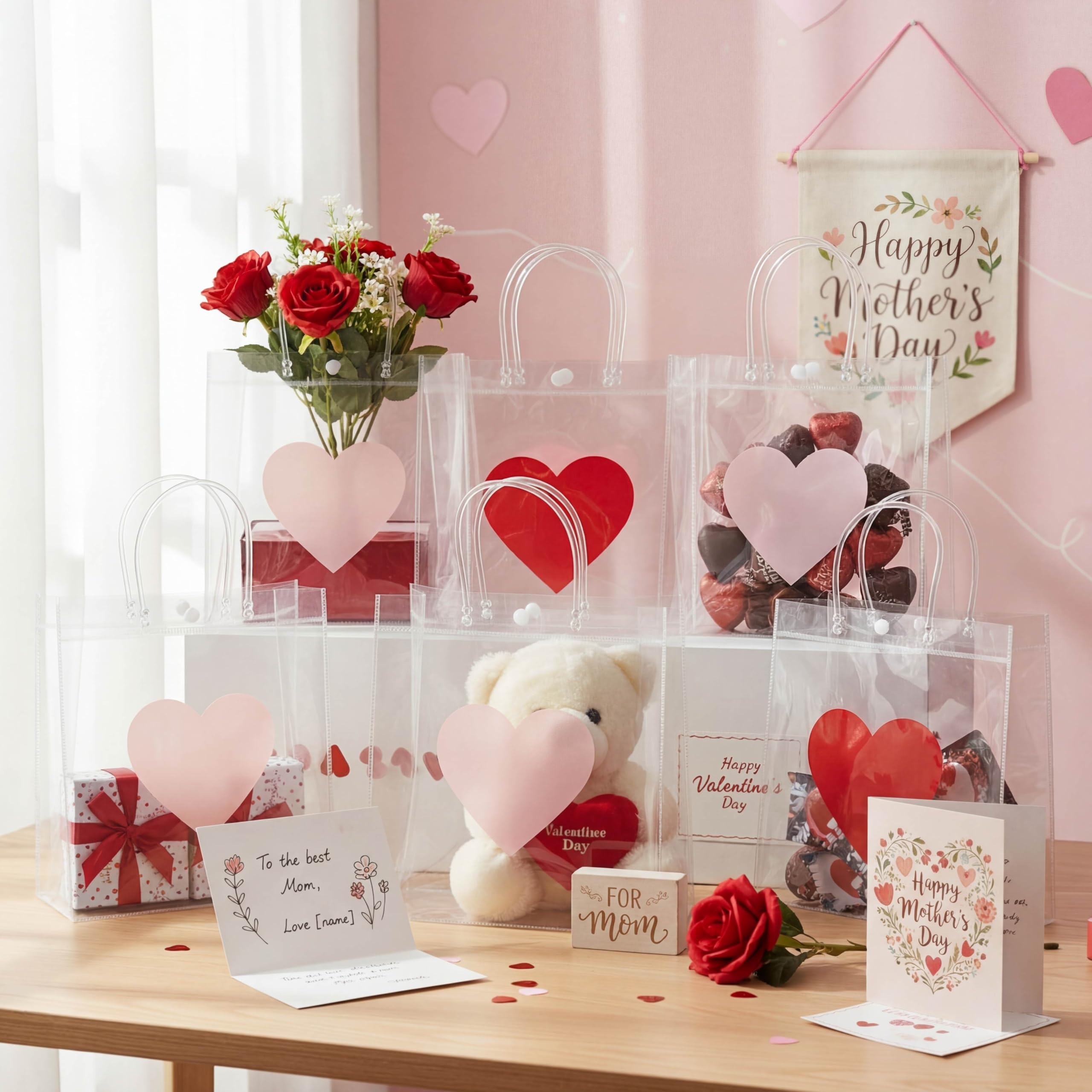 Aliceset 24 Pcs Heart Gift Bags Bulk Clear PVC Gift Bags with Handles Heart Pattern Reusable Transparent Tote for Party Favors Candy Treat Mother's Day (Mom, 9.84"x 9.84"x 3.54")