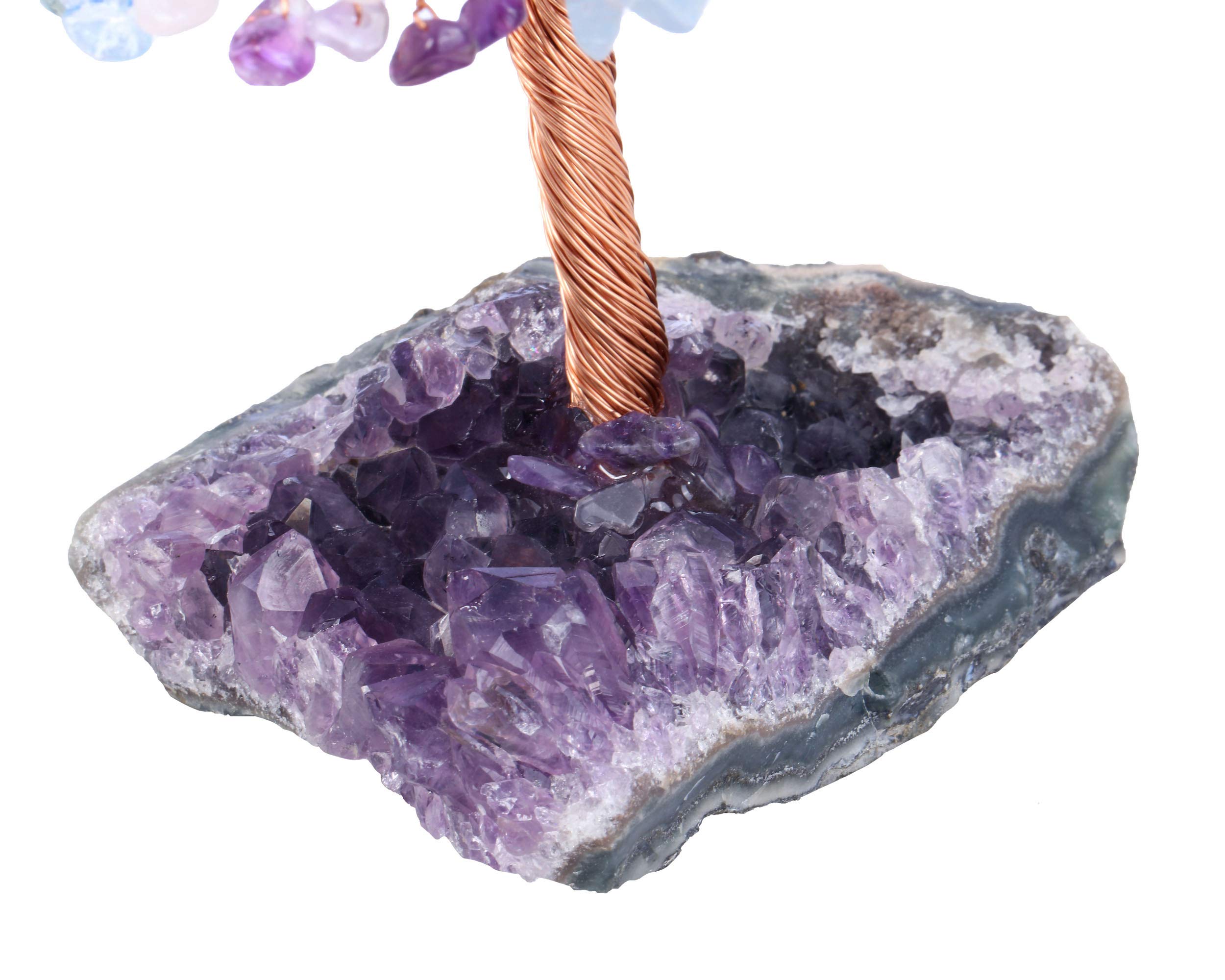 Jovivi Natürlicher Amethyst + Aquamarin + Rosenquarz Heilkristall Geldbaum auf Amethyst Cluster Geode Druzy Base Feng Shui Kristalle für Home Office Schreibtischdekorationen, Reichtum, Glück