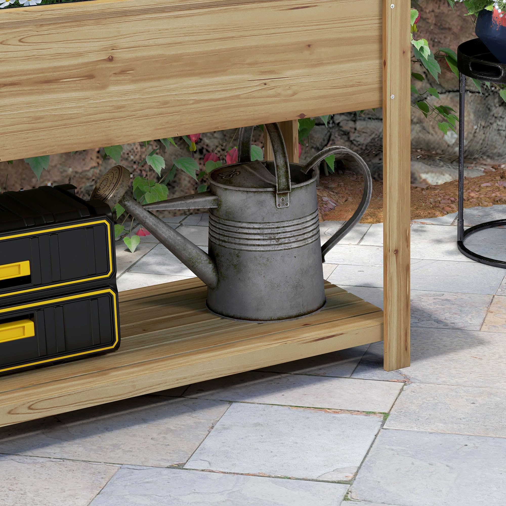 Outsunny - Jardinera rectangular con patas enrejado, 140 x 45 x 151 cm | Huerto elevado, 1 estante inferior, 2 estantes laterales abatibles, madera