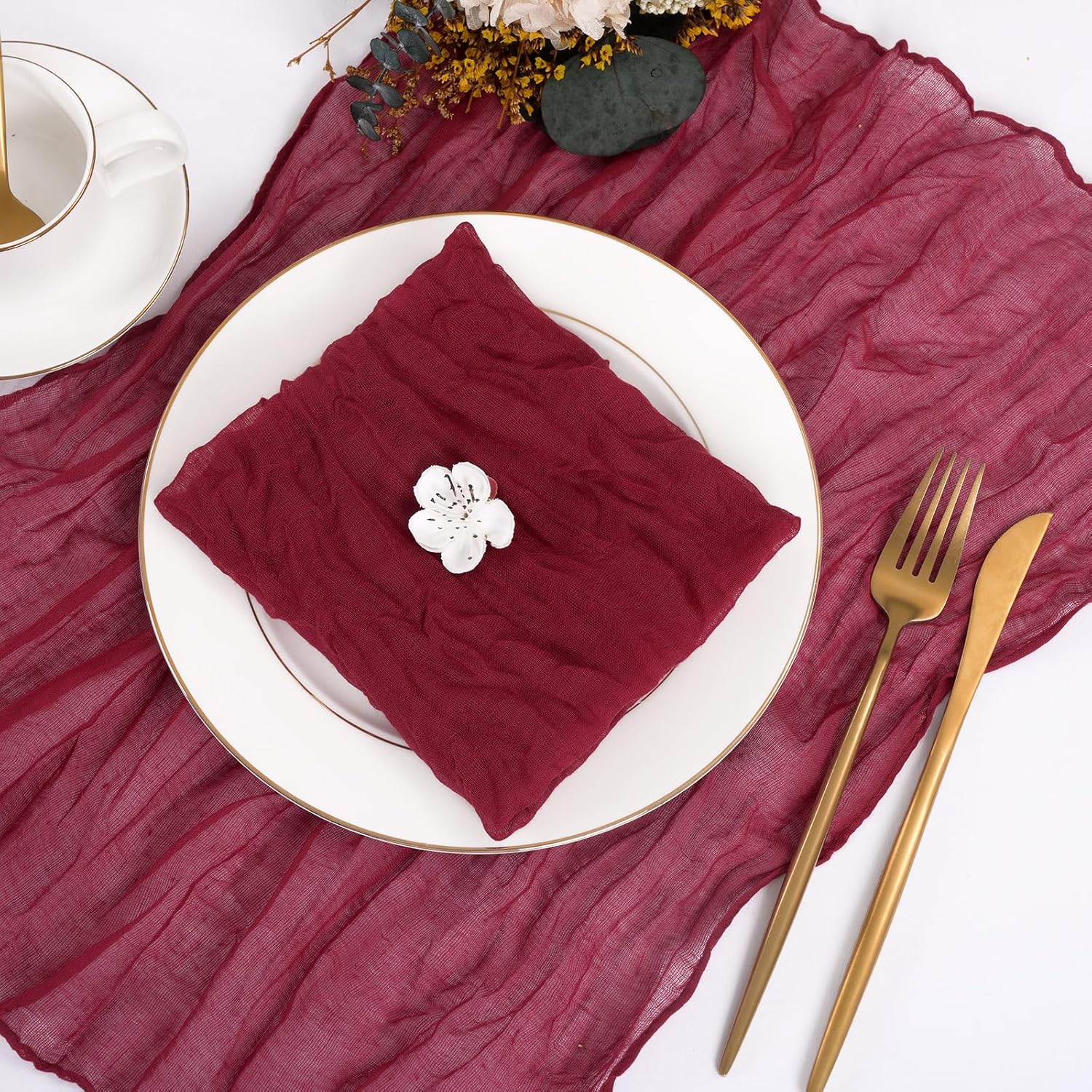 fani 100 Pack Gauze Cheesecloth Napkins Wrinkled Table Napkins Soft Cotton Cloth Napkins Rustic Decorative Napkins for Weddings Party Dinner Table Everyday Use, 20 x 20 Inch (Burgundy)