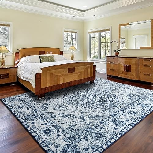 Miniatura 2 de Comeet Alfombra suave de 5 x 7 pies, lavable para sala de estar, dormitorio, alfombra vintage de pelo bajo, antideslizante, sin desprendimientos,