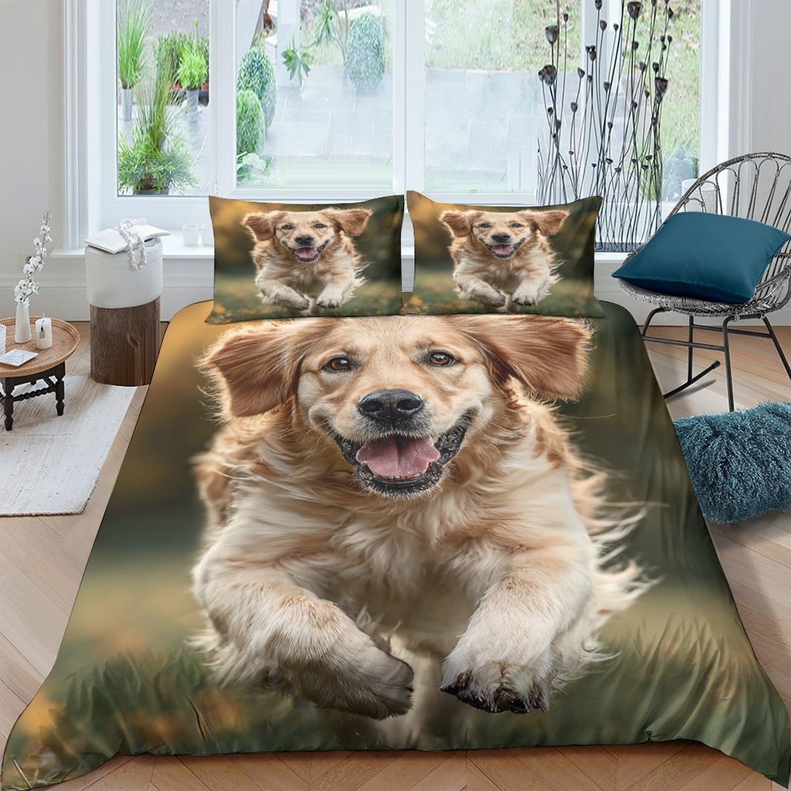 P5V6M1Q9 3D Printed Golden Retriever Dog Duvet Cover Microfiber Soft Breathable Animal Bedding Set with 2 Pillowcases for Bedroom Decor Single（135x200cm）