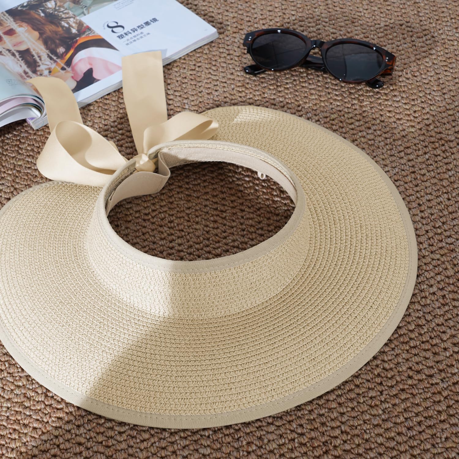Creekstone Cappelli da donna con visiera in paglia a tesa larga, protezione UV, ripiegabile, cappello estivo da spiaggia, coda di cavallo, da viaggio, UPF 50+