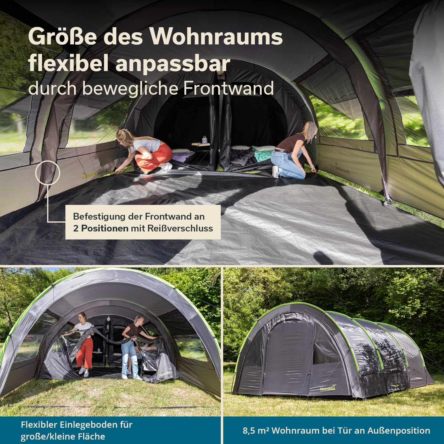 Skandika Tunnelzelt Kemi für 4 Personen | Camping Zelt, 2 Schlafkabinen, 2 m Stehhöhe, wasserfest, 3000 mm Wassersäule, Frontwand versetzbar, Vorzelt | Campingzelt, Familienzelt