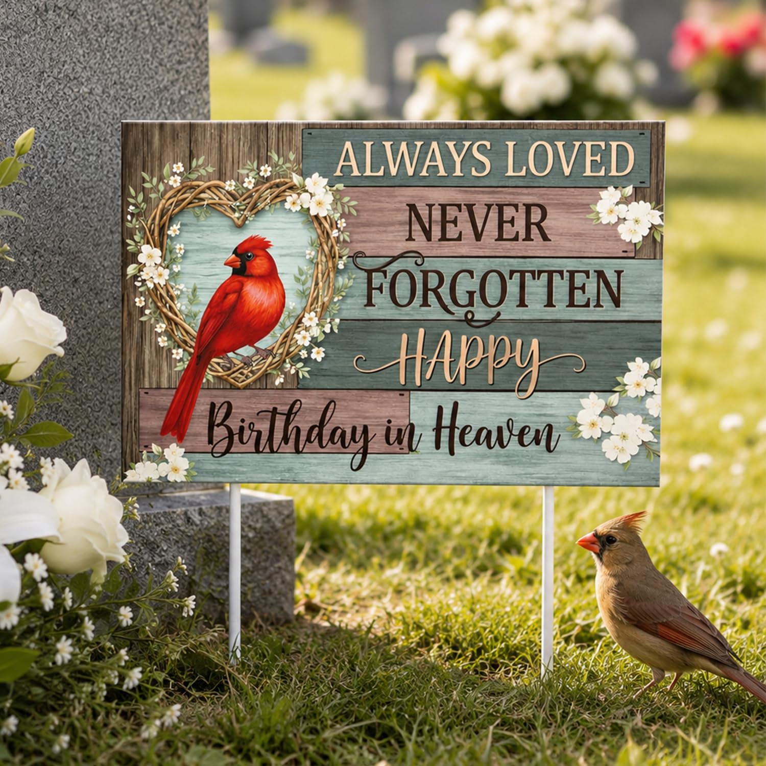 Happy Birthday in Heaven Grave Ornaments, Always Loved Never Forgotten Grave Decorations with Stake, Memorial Plaques for Garden, Yard, Cemetery